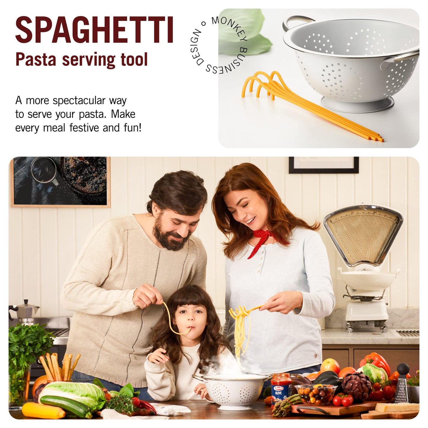 Fun Spaghetti-Shaped Plastic Spaghetti Spoon/Pasta Fork from a Series of Pasta-Inspired Kitchen Gadgets | Cool Pasta Spoon to Claw and Serve Pasta | Original Kitchen Accessories | by Monkey Business