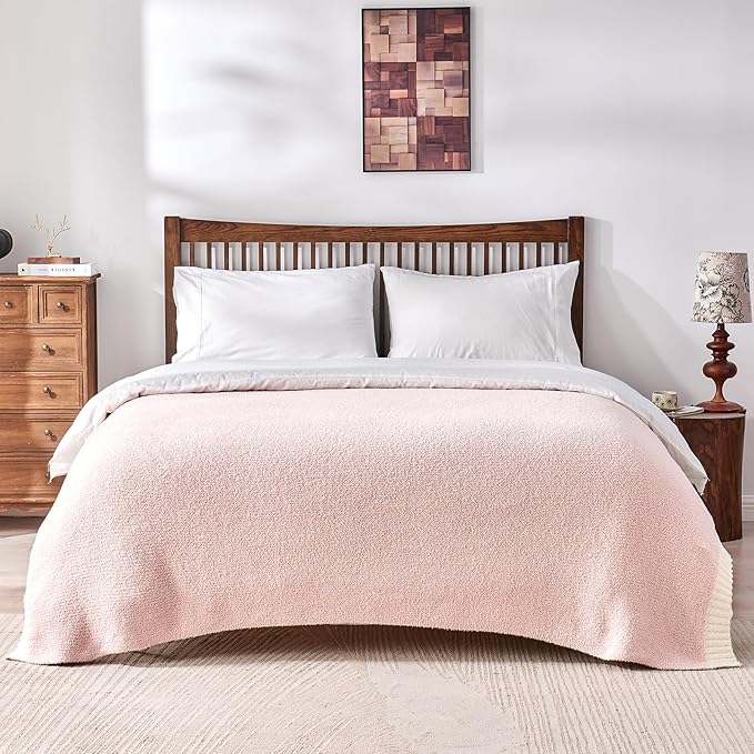 CozeCube Melange Blanket, Ultra Soft Pink and White Throw Blanket, Warm Cozy Knit Fuzzy Plush Reversible Throw for Couch Bed Sofa, 60"x80"