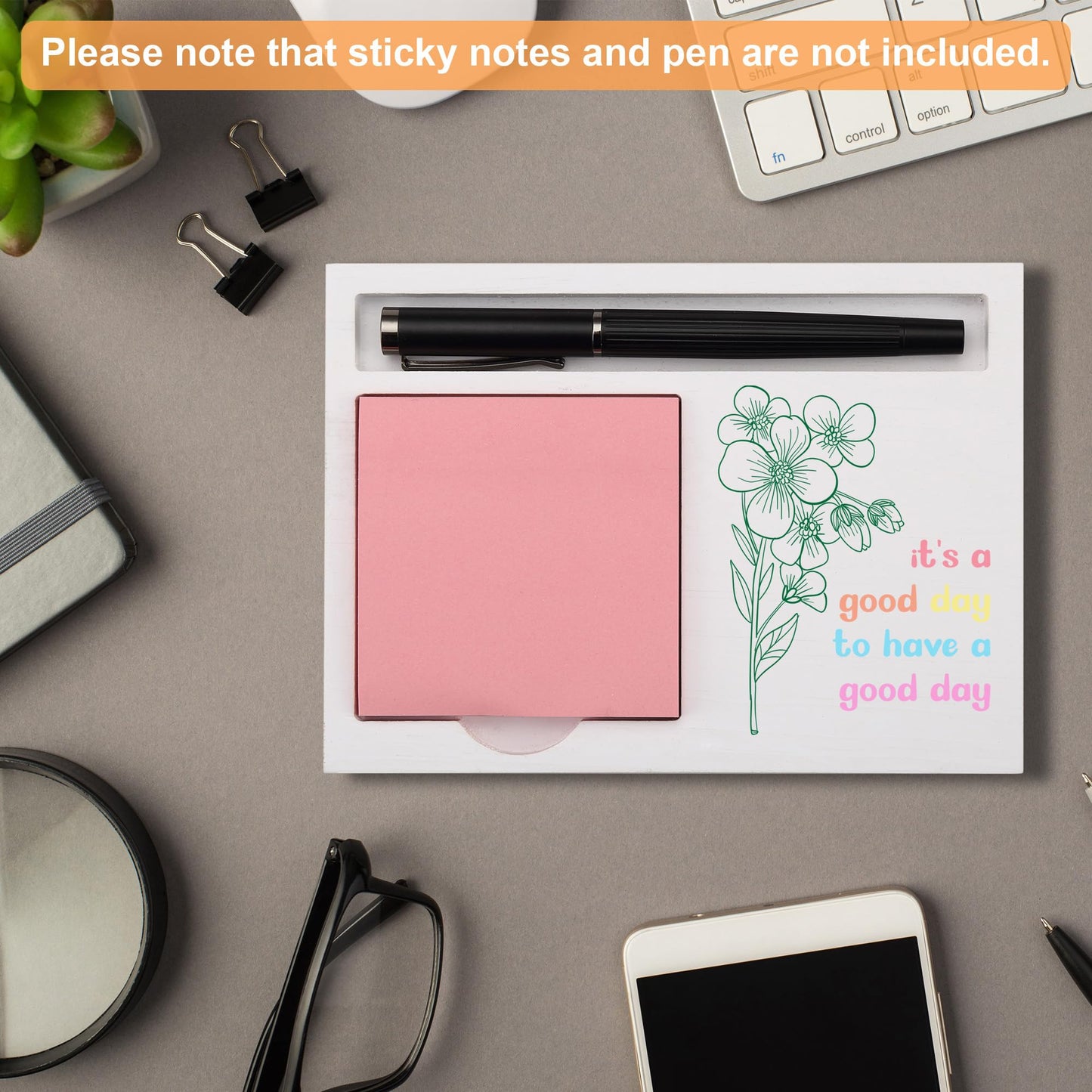 Inspirational Sticky Note Holder for Desk, White Wood Organizer for Pen and Memo Pads, Floral Desk Decor Gift for Women Men, Office Teacher Birthday Appreciation, NPB607