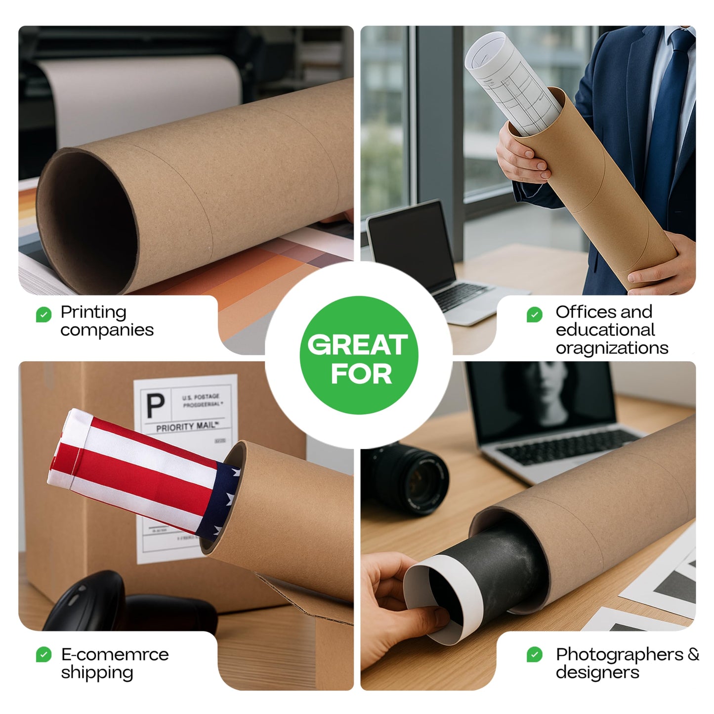 Cardboard Mailing Tube, 4" x 36" with Plastic Caps - USA-Made USPS Approved Poster Tube for Documents & Blueprints - Reinforced Mailing Cylinders for Shipping & Storage by IDL Packaging