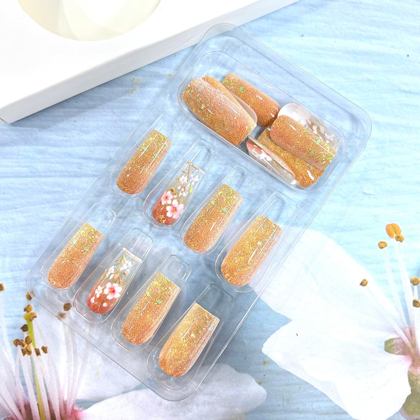 Flower 3D Press on Nails Medium Ballet Shaped Gold Glitter Powder Design Full Cover Glossy Floral Acrylic False Nail Glitter Artificial Fingernails DIY Blossom Press Ons Stick on Nails for Women 24Pcs