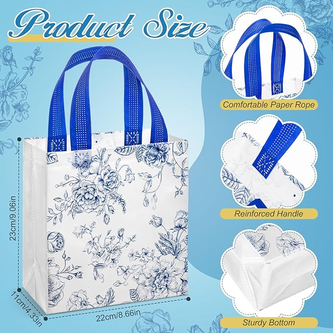 HunnmingRe 30 Pcs Blue Floral Gifts Bags Chinoiserie Wedding Welcome Bag Bulk Reusable Non Woven Tote Handbag for Bridal Baby Shower Birthday Tea Party Supplies