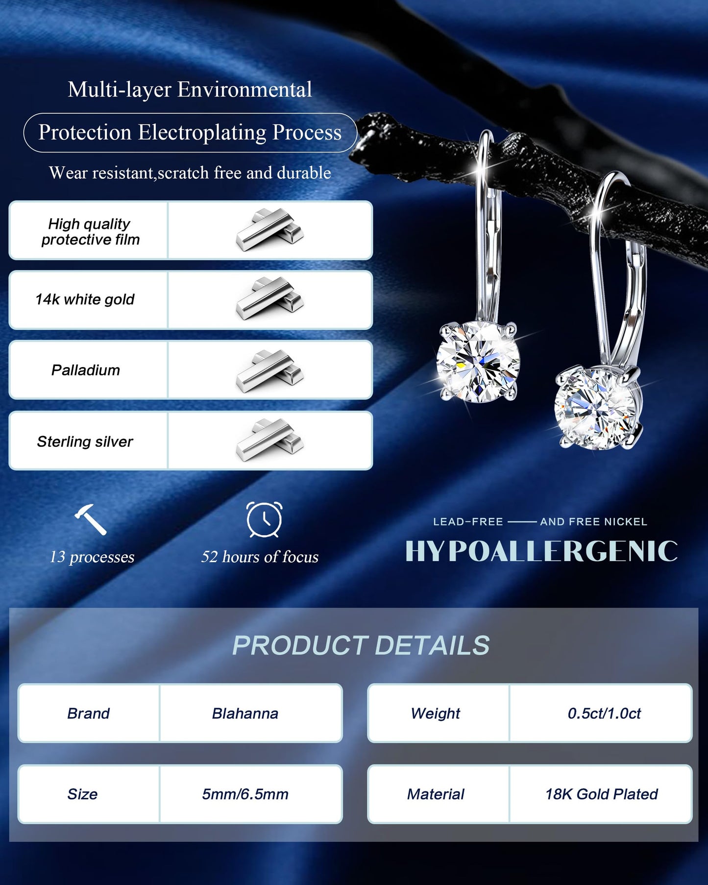 Blahanna Moissanite Earrings,1.0ct-2.0ct D Color Brilliant Round Cut Earrings S925 Sterling Silver Dangle Earrings Moissanite Leverback Drop Earring silver 5mm