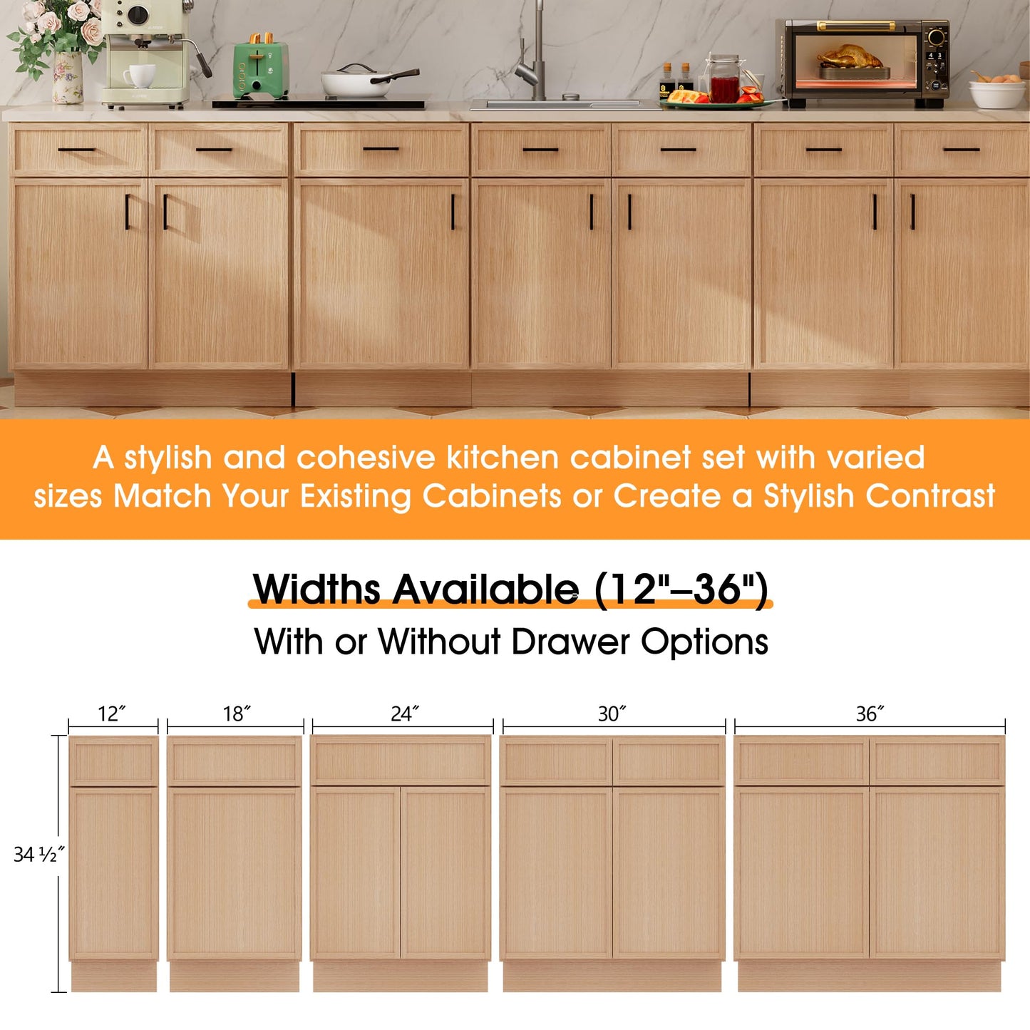 WelFurGeer White Oak Base Cabinets with Soft Close Drawers, Narrow Frame Shaker Style, Solid Wood Face Frame RTA Kitchen Cabinets, Modern Kitchen Cabinets for Kitchen, Laundry, Garage Storage