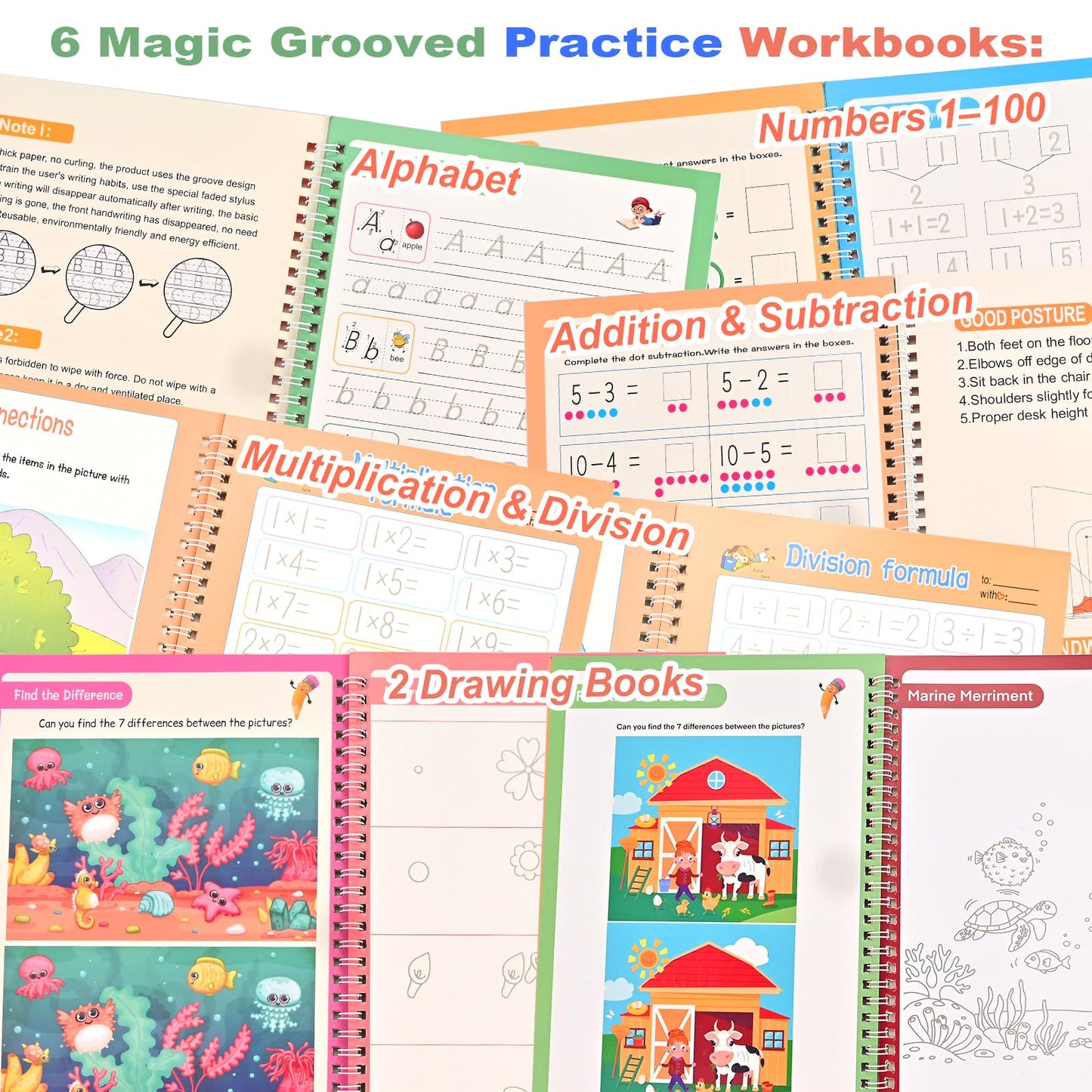 Magic Grooved Practice Copybook for Kids 3-8 - 6 Reusable Handwriting Practice Books with Pens | Letter & Number Tracing, Math & Drawing | Preschool & Kindergarten Workbook Set