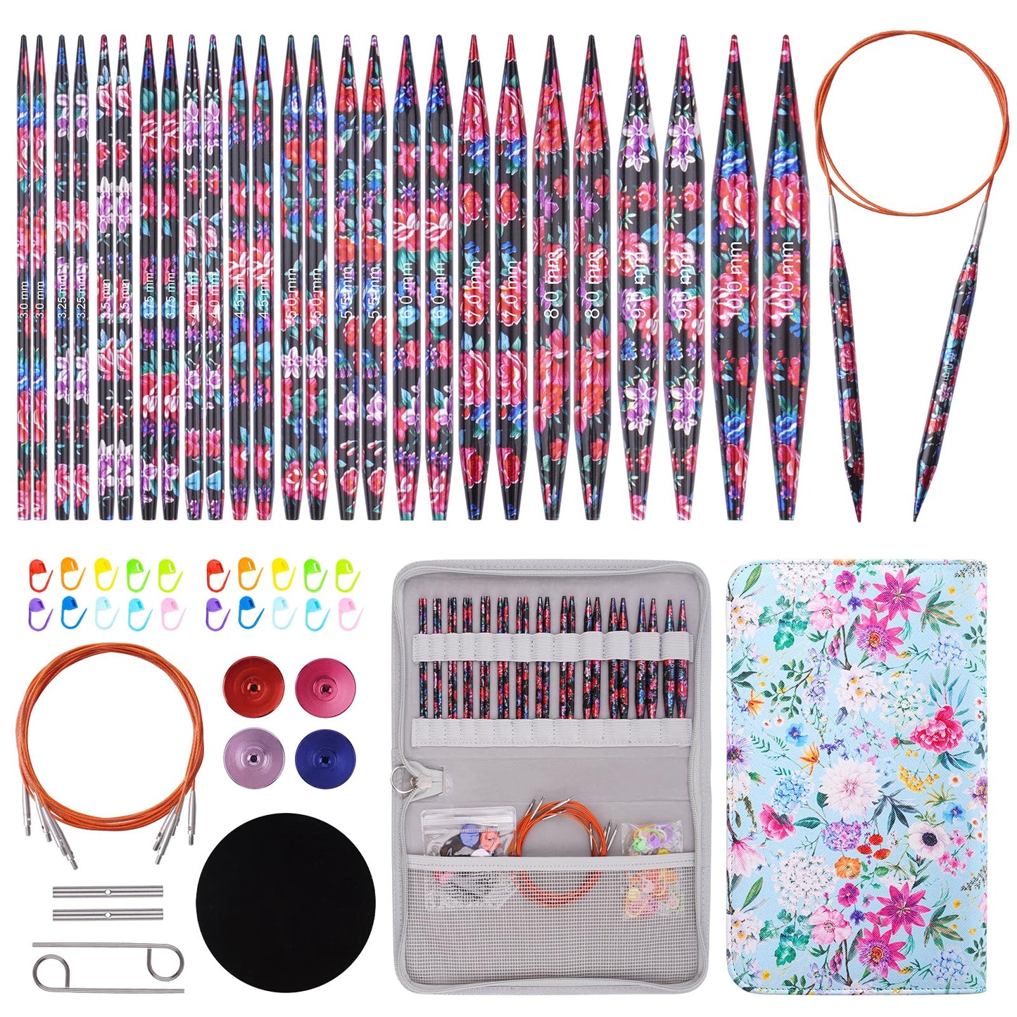 Mdoker Interchangebale Circular Knitting Needles Set 13 Pair Round Metal Knitting Needle Aluminum Circular Needle and Cables,Accessories,Case - Sizes US 2.5-15