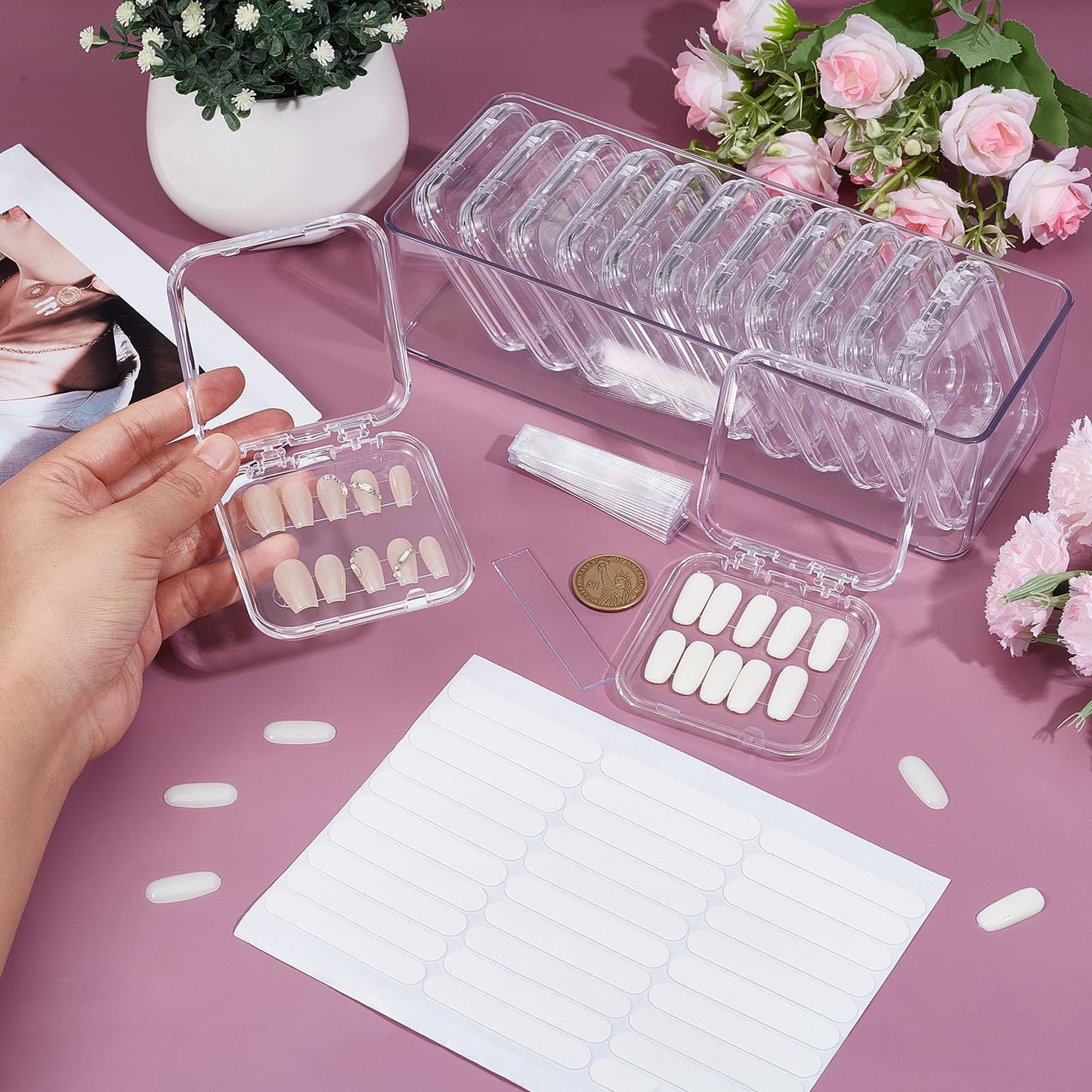 twinklemon 26PCS Press on Nail Storage Box with 2 Big Storage Boxes 60 Adhesive Double Sided Tape 100 Acrylic Nail Display Board Plastic Nail Display Box Fake Nail Case Clear Nail Packaging Boxes