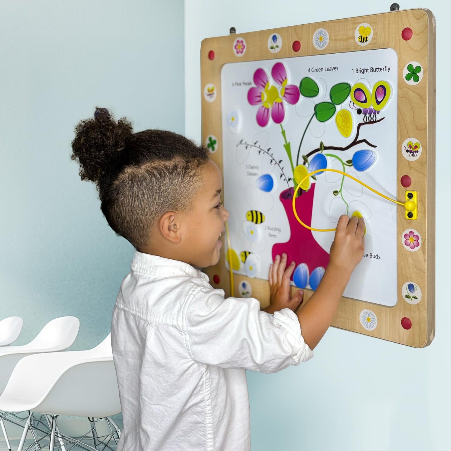 Playscapes Magnetic Toddler Activity Wall Panel Toy – Interactive Wall Busy Board – Melamine Frame & Acrylic Panel with 2 Wands – Easy Installation, No Loose Pieces, Easy-to-Clean – Flower/Bees Design