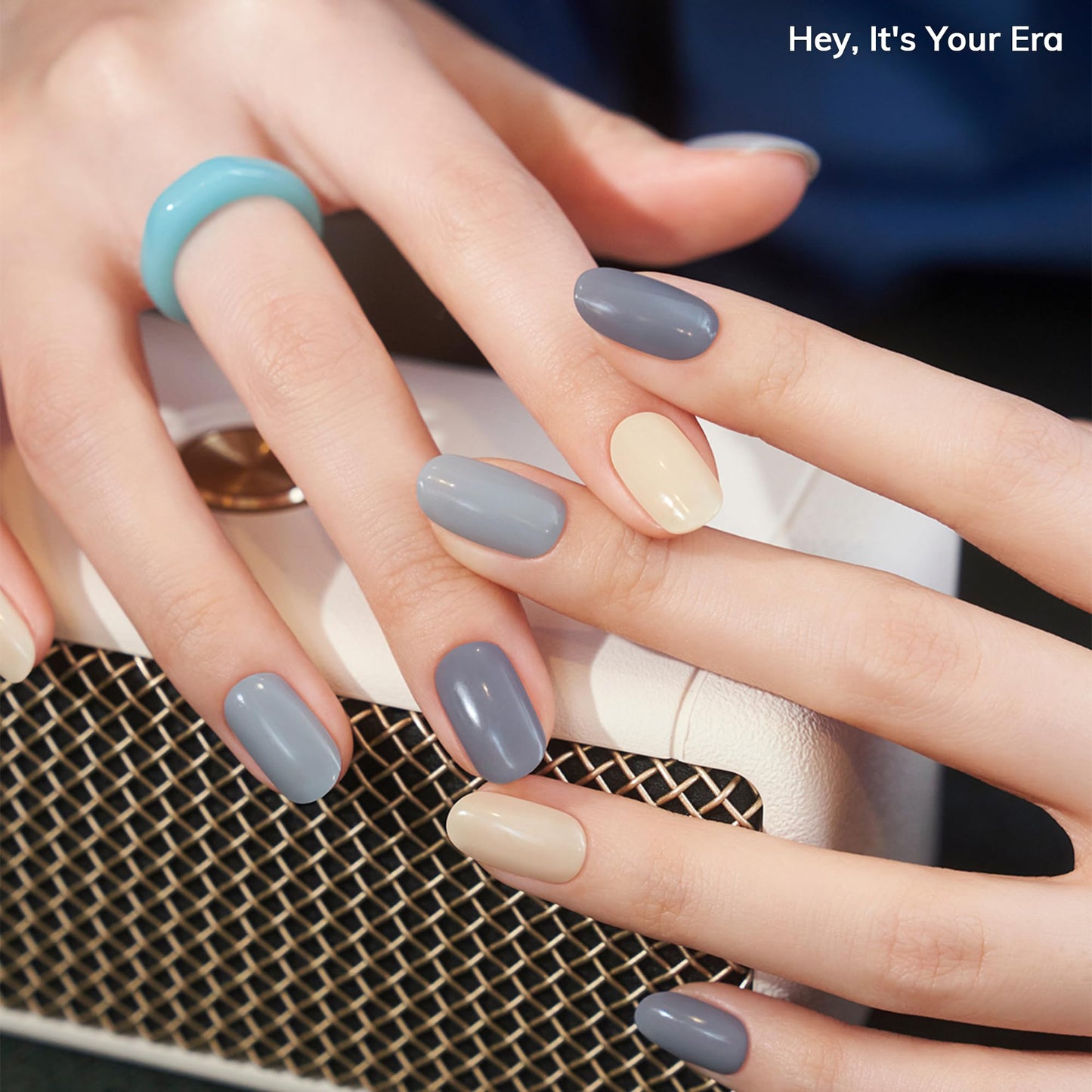 Heyhae Semi Cured Gel Nail Strips | No LED Lamp Needed | Solid, Blue, Spring | Easy Apply & Remove, Salon Quality | Includes 28 Strips, 1 Prep Pads, Nail File & Wooden stick - Hey, It's Your Era