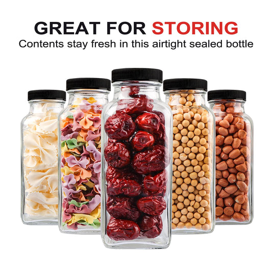 HINGWAH 12 OZ Glass Drink Bottles, Set of 12 Vintage Glass Water Bottles with Lids, Great for storing Juices, Milk, Beverages, Kombucha and More (Labels and Sponge Brush Included)