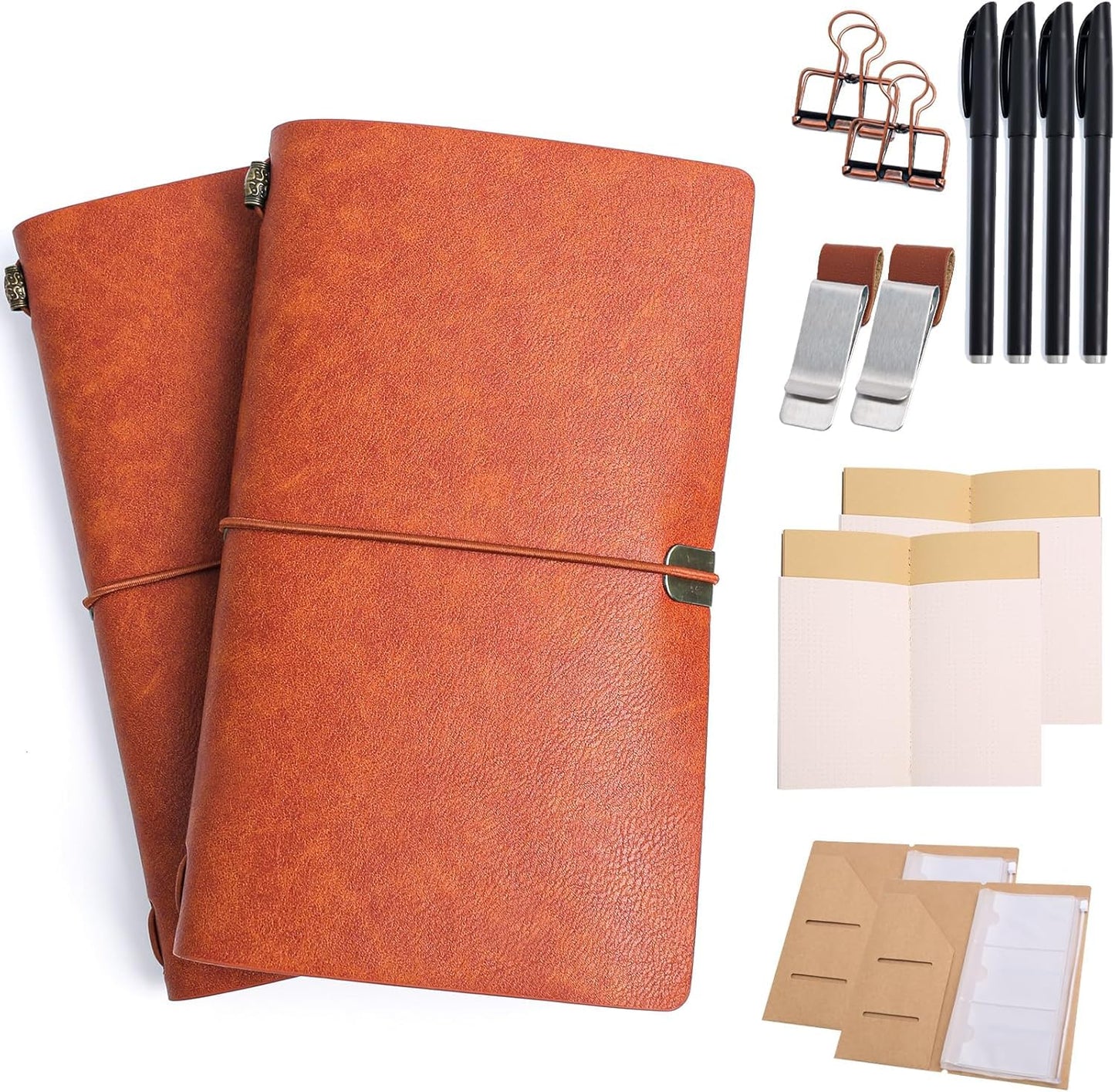 Refillable Journal Travelers Notebook - 7.8 x 4.7 Travel Diary made of PU leather, with 5 Inserts, add 2 Pens and pen Holder and Binder Clip and Transparent Card insertion bag with storage case (2 sets)