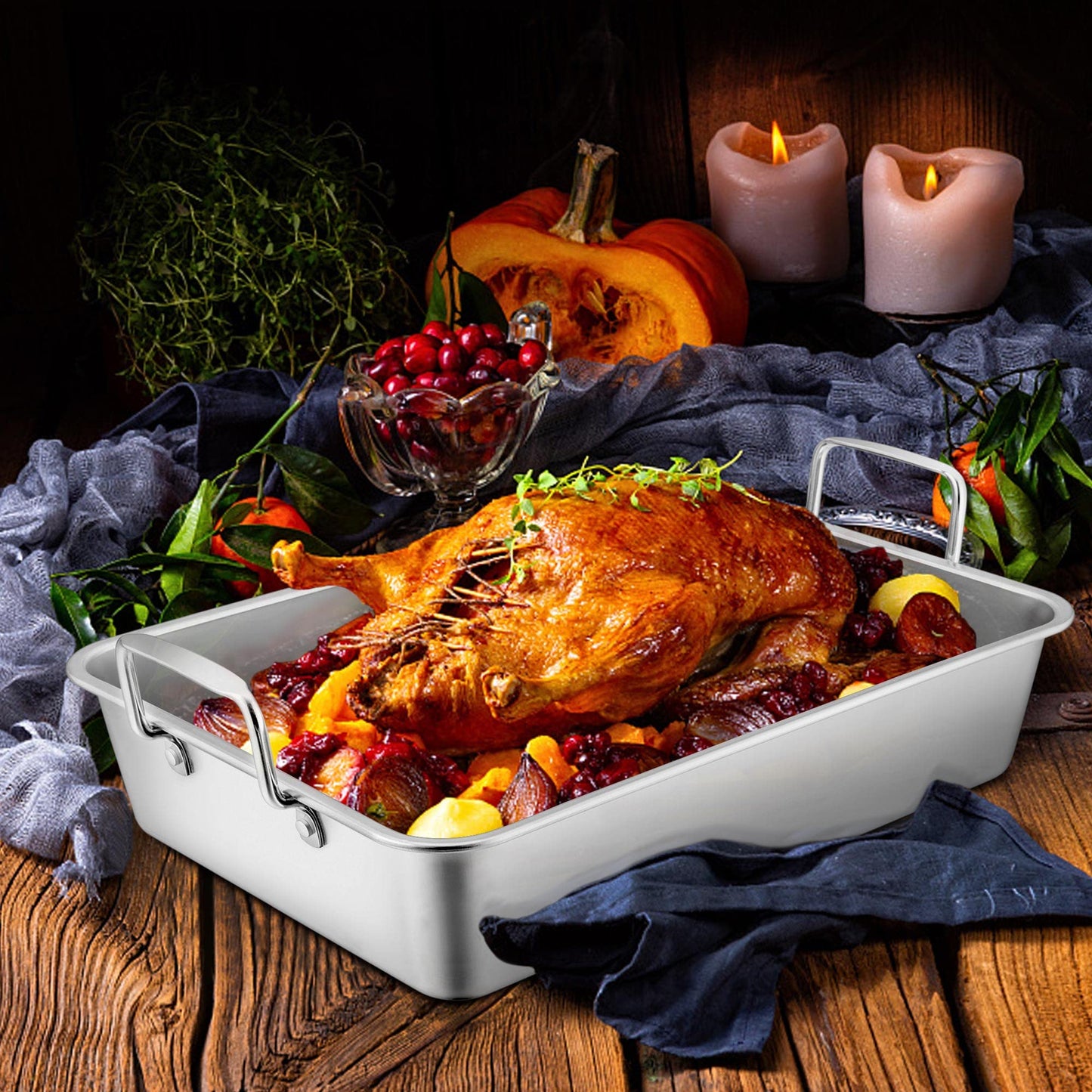 Leonyo Large Turkey Roasting Pan with V-shaped Rack, Rectangular 16 x 11.5 Inch Stainless Steel Turkey Roaster Pan with Rack Heavy Duty for Chicken Lasagna Vegetables Brownie, Dishwasher Safe, 2Pcs