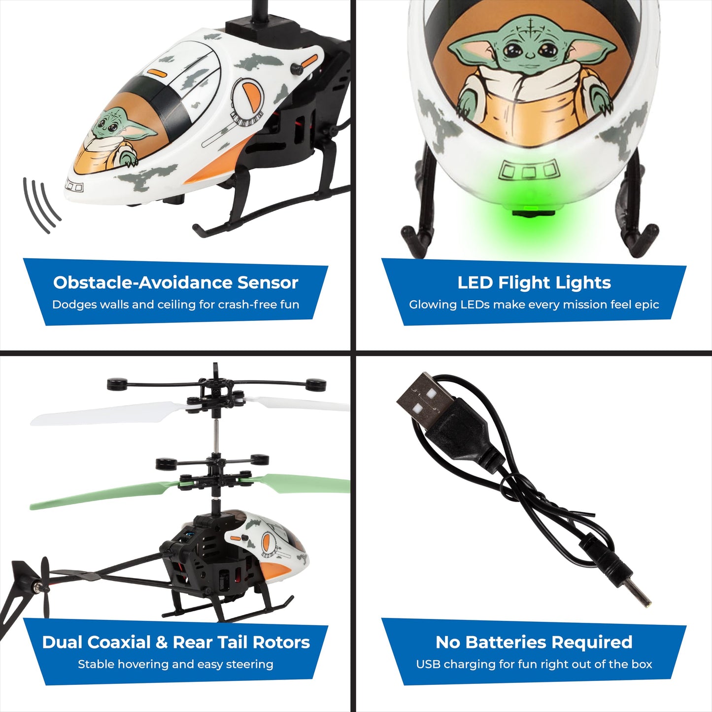 Star Wars Baby Yoda RC Helicopter – Easy‑Fly Remote Control Helicopter with LED Lights, Durable Body, Coaxial & Rear Rotors – Kids 8+
