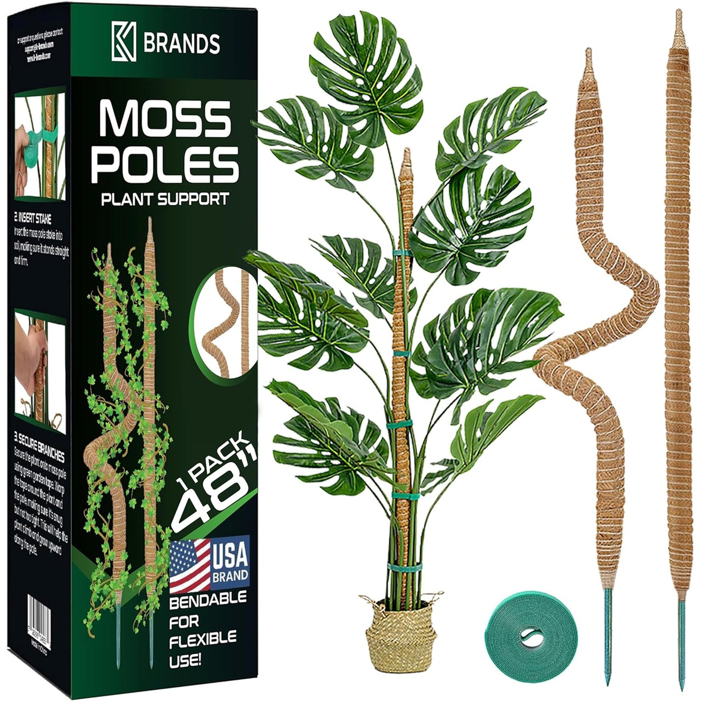 K-Brands 48'' Bendable Moss Pole Monstera Plant Support - Coconut Palm Fiber - Brown - Rectangular - Climbing Plant Support Structure
