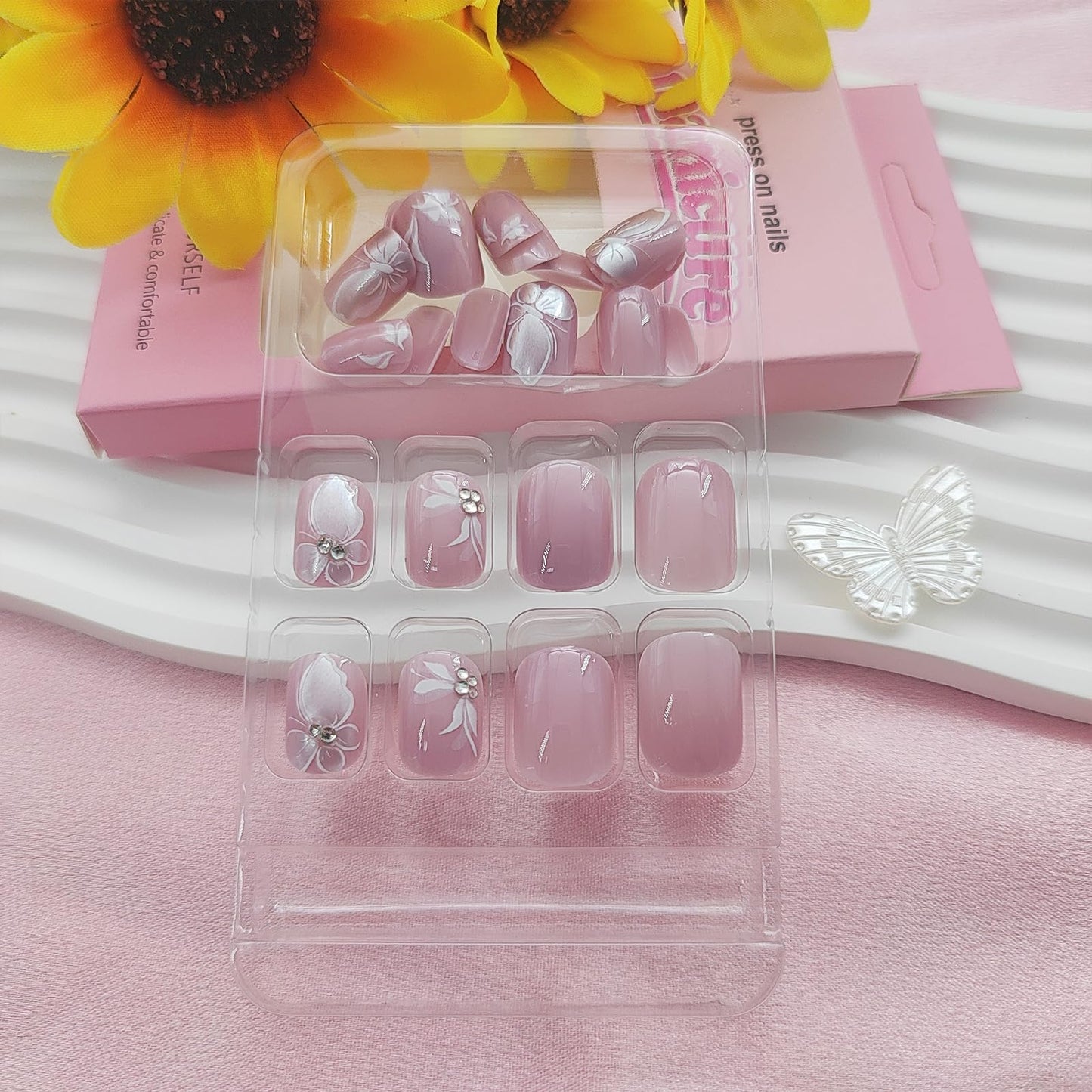Square Press on Nails Short Fake Nails with White Butterfly Rhinestones Designs Light Pink Nails Press ons Cute Acrylic Nails Glossy Glue on Nails Spring Summer Stick on Nails for Women 24Pcs