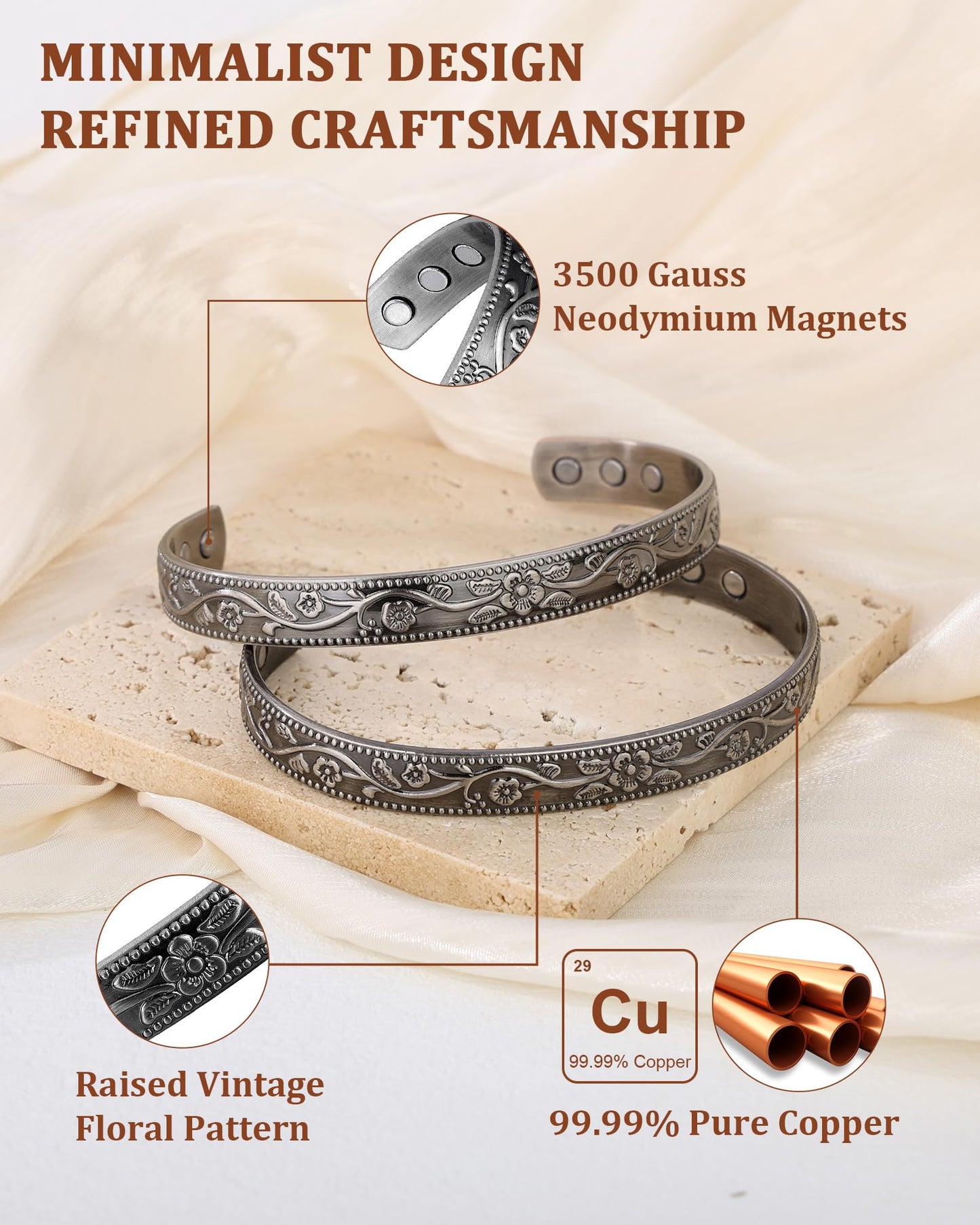 BioMag 2 Pcs Magnetic Copper Bracelets for Men, 99.99% Pure Copper Cuffs with 3500 Gauss Magnets, Adjustable Size, Intricate Floral Pattern, Antique Silver