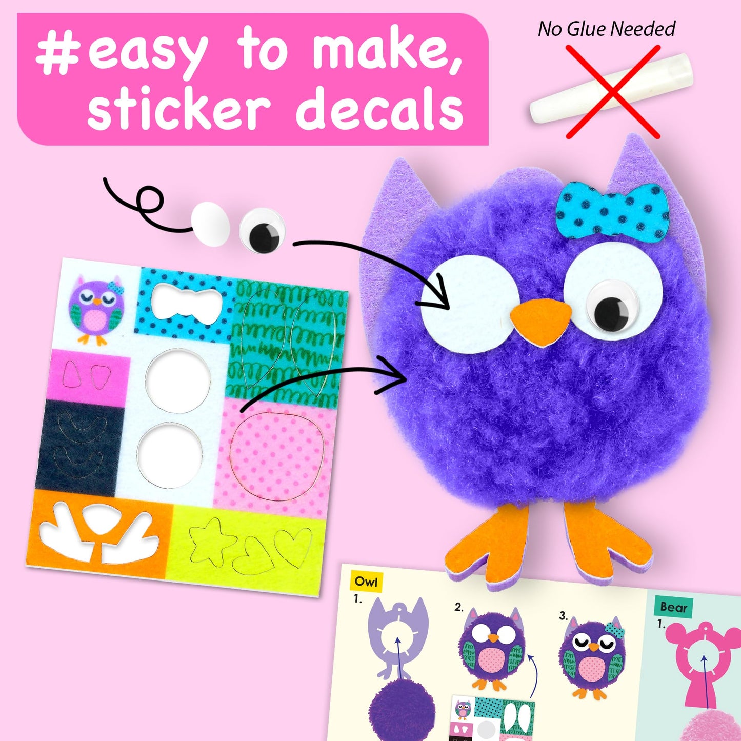 EZCRA Kids Crafts Ages 4-8 – 10 Plush Pom Pom Unicorn and Animals All-in-One DIY Craft Set – Felt Stickers, Educational & Creative Gift for Girls & Boys