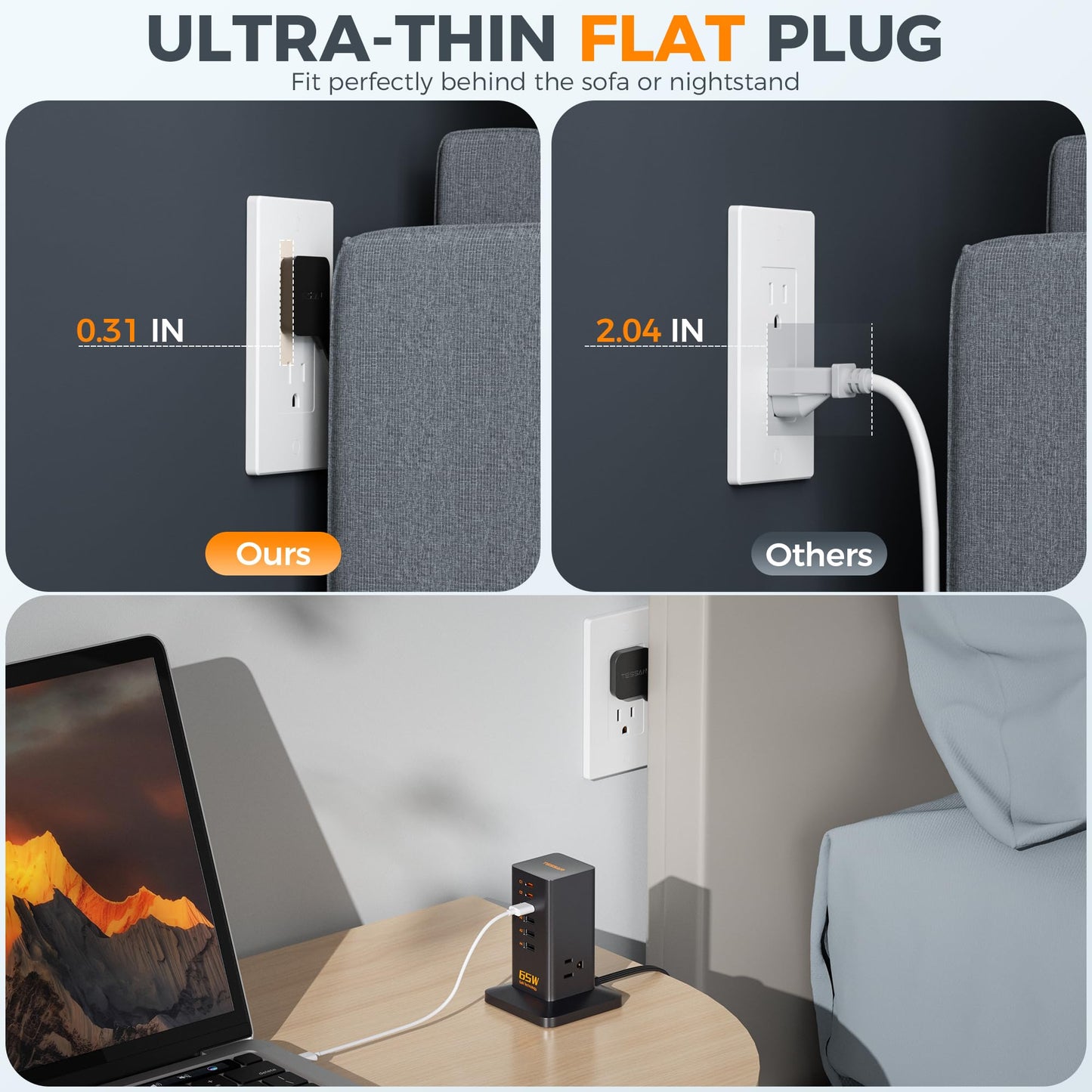Charging Station for Multiple Devices, TESSAN 9-in-1 USB C Power Strip for iPhone 17/16/15, MacBook, Tablet, Desktop Phone Fast Charger with 3 AC, USB Charger, Home Drom Office Accessories, Black-65W