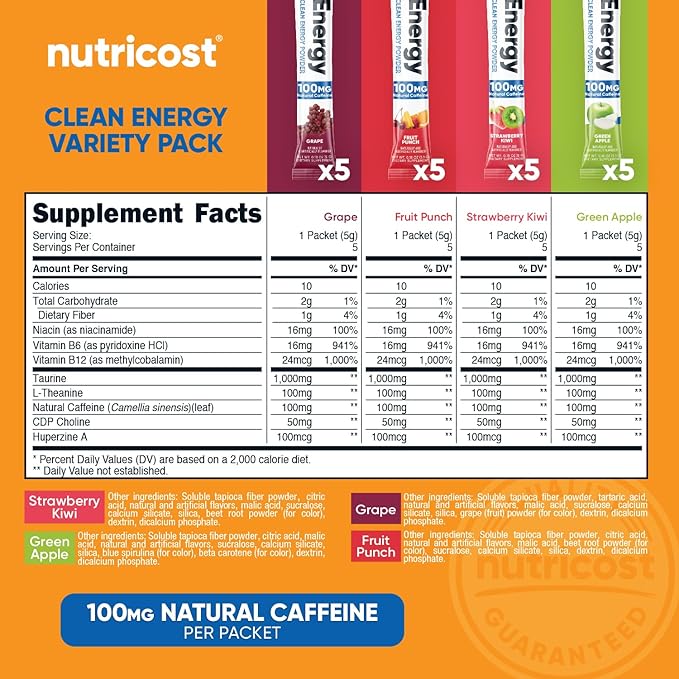 Nutricost Energy Complex Stickpacks (20 Servings) Flavor Variety Pack - Gluten-Free + Non-GMO