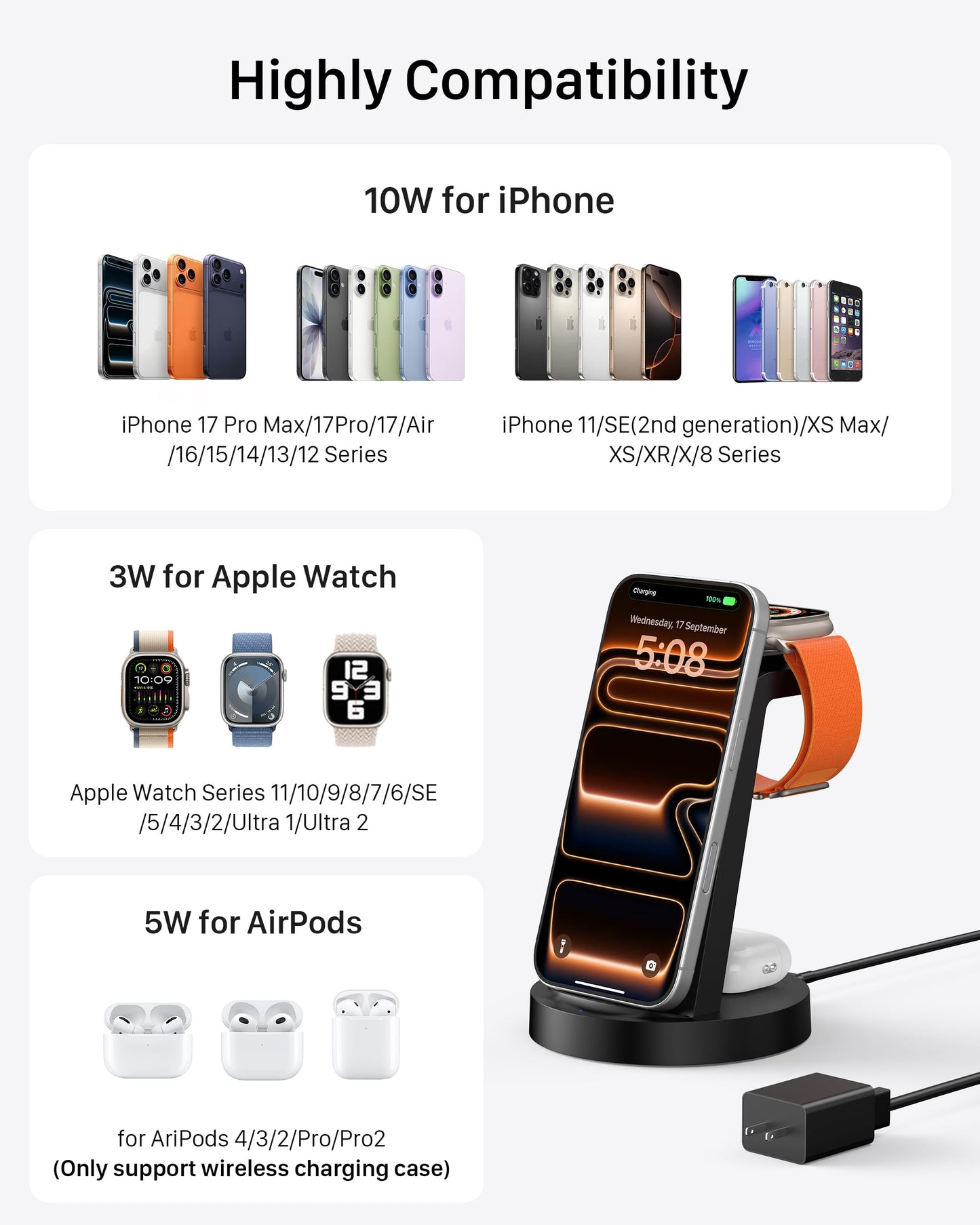 Anlmz 3 in 1 Charging Station for iPhone, Wireless Charger for iPhone 17 16e 16 15 14 13 12 11 X Pro Max & Apple Watch - Wireless Charging Station for AirPods 4 3 Pro
