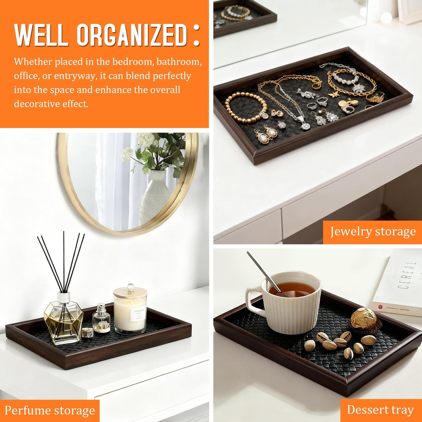 Wooden Valet Tray Desk Organizer with Leather Base,Nightstand, Entryway Bedside Dump Holder for Wallets, Keys, Watches, Jewelry & Sunglasses