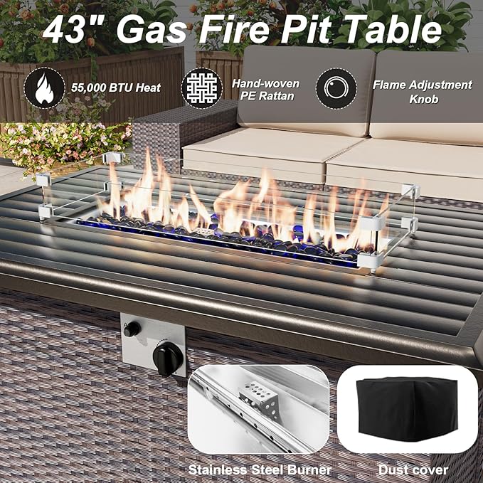 ALAULM Patio Furniture Set with Fire Pit Table 55000 BTU, Outdoor Sectional with Wide Seat and Thick Cushion, 15 Piece Wicker Rattan Conversation Set with Coffee Table for Garden, Deck, Turquoise