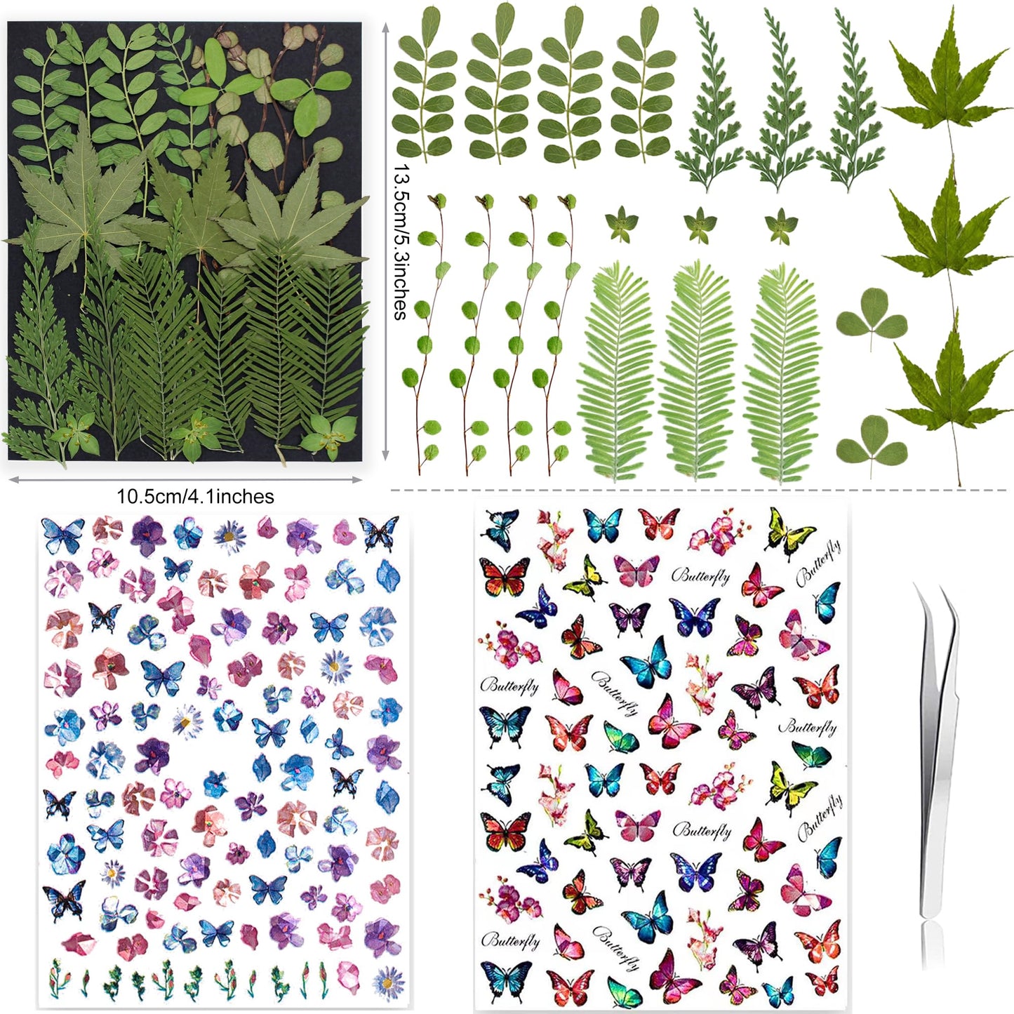 TrendCart 285Pcs 9 Packs Mixed Types Real Natural Dried Pressed Flowers & Leaves for Resin Molds, DIY Crafts, Jewelry Making + 100Pcs Butterfly Stickers + Tweezers