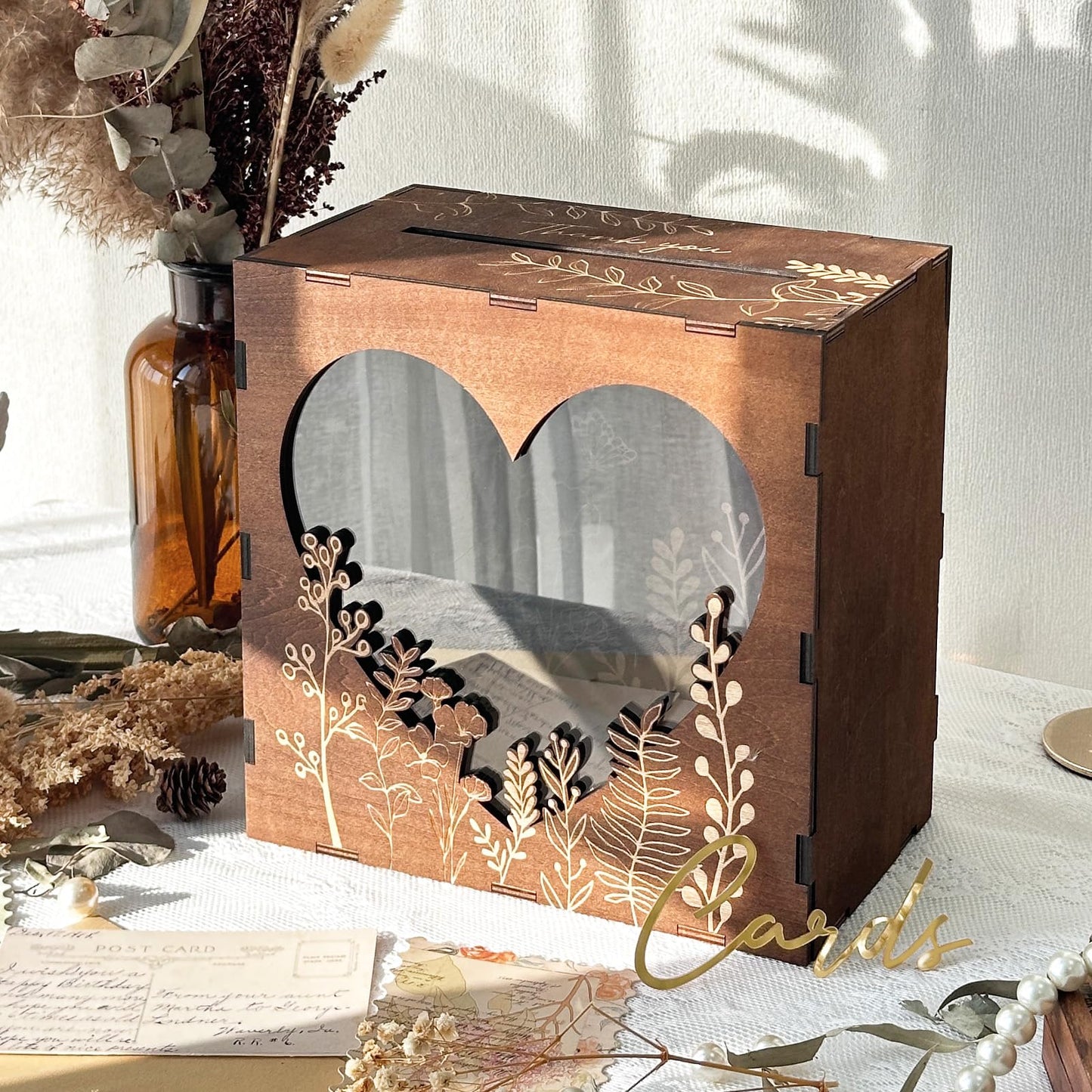 OurWarm Wedding Card Box for Party, Wooden Card Boxes for Reception, Rustic Wedding Box for Cards and Money, Envelope Money Box Gift Cards Box for Graduation Baby Shower Birthday Decor