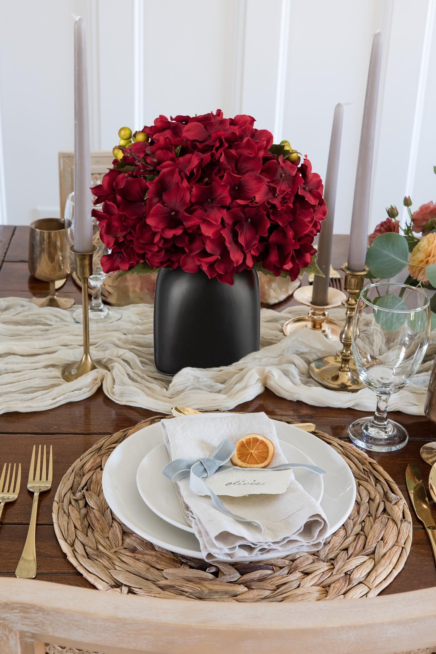 Briful Hydrangea Artificial Flowers in Ceramic Black Vase, Burgundy Silk Hydrangea Centerpieces for Tables, Realistic Dining Table Vase with Flowers for Farmhouse Home Decor Indoor