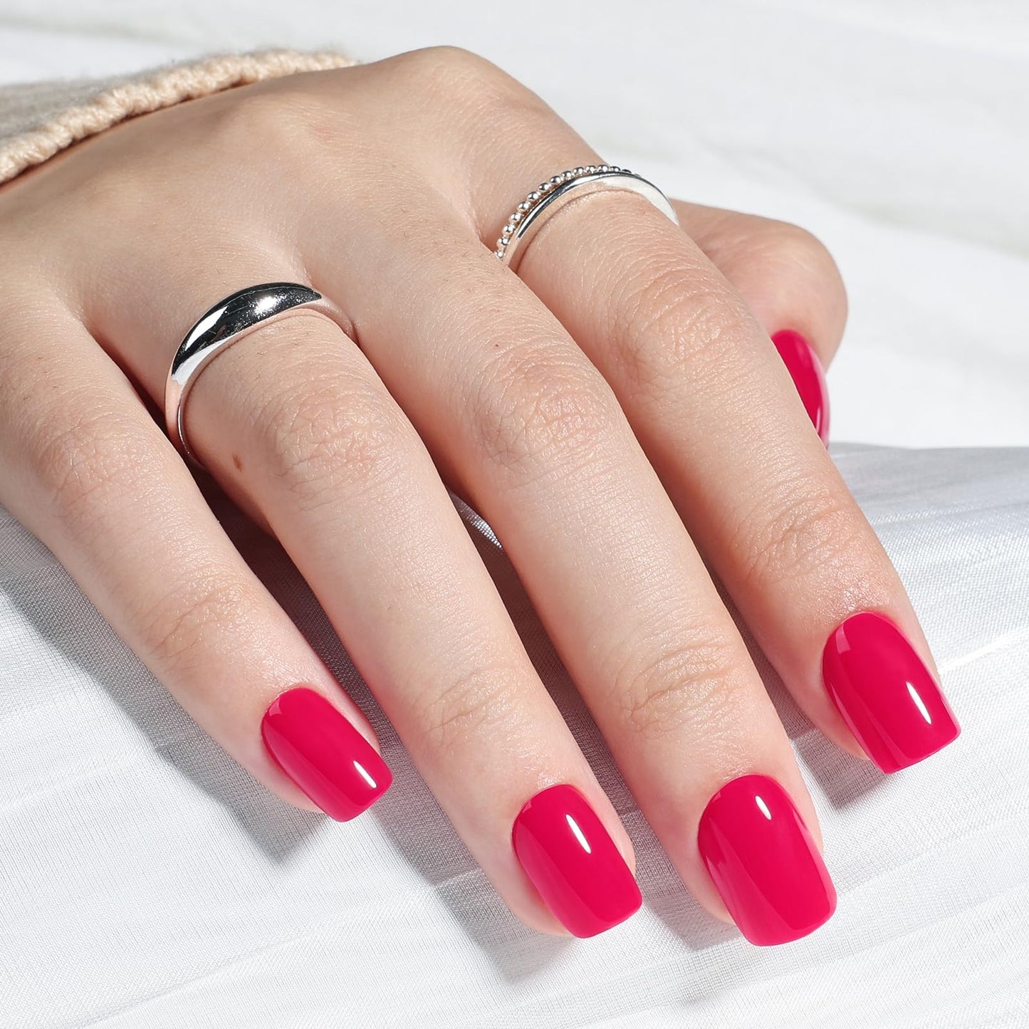 Hot Pink Press On Nails - Short Square Press On Nails with Glue for Women, Reusable Fake nails in 15 Sizes, 30 Stick On Nails