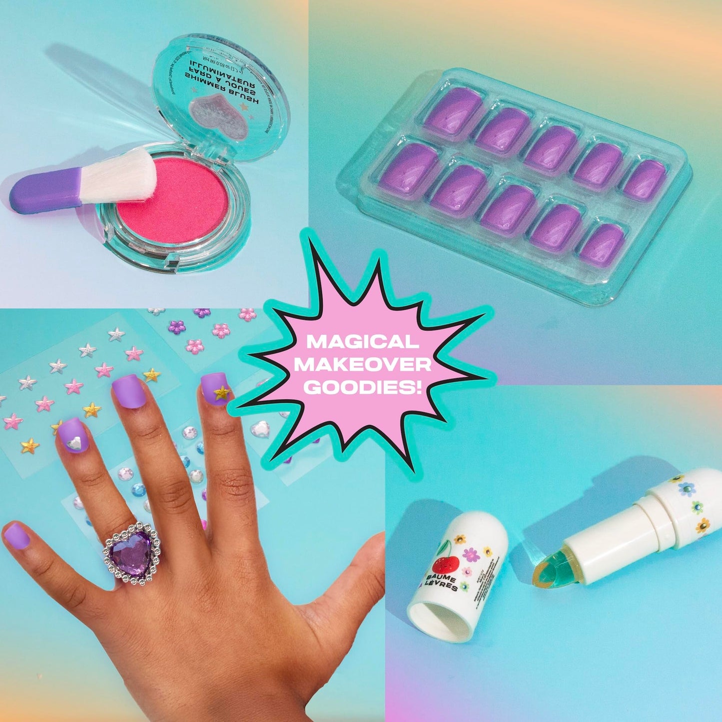 Wander Bloom Beauty Playset, Kids Makeup Kit with Over 85 Pieces, Including Press-On Nails, Lip Balm, Blush, and Face Gems, Pretend Dress-Up Toy for Girls