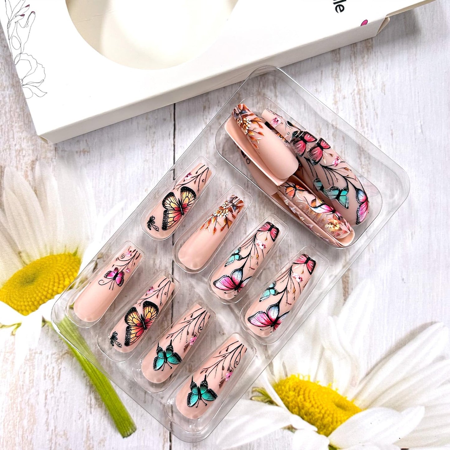 Butterfly 3D False Nails Press on Nails Long Ballet Shaped Coloful Butterly Pattern Design Press Nails Flower Fake Nails Artificial Acrylic Nails Full Cover Coffin Nails Nude Stick on Nails for Women