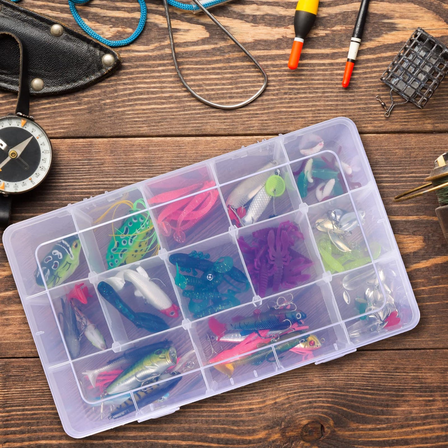 SGHUO 2 Pack 15 Girds Bead Organizer, Large Clear Plastic Organizer Box with Adjustable Dividers for Beads, Art DIY, Crafts, Jewelry, Fishing Tackle with Label Stickers