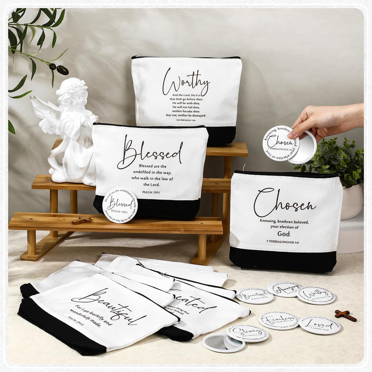 Kacctyen 20 Pcs Christian Gifts for Women Bulk Mother's Day Church Gifts 10 Inspirational Canvas Bible Verse Makeup Bag 10 Religious Compact Mirrors for Mother Pastor Appreciation Gift(Bible Verse)