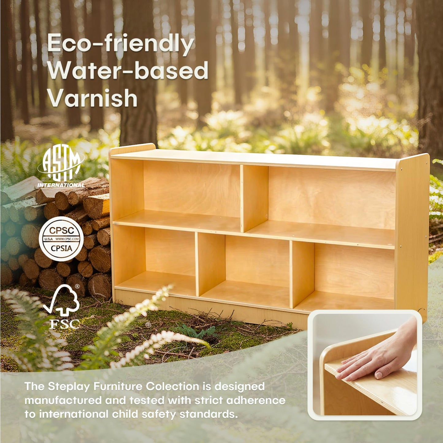 STEPLAY Montessori Shelf, Wooden Toy Storage Organizer with 2-Tier Shelf & 5-Section Storage Cabinet, Kids Bookshelf/Bookcase for Toddler Playroom, Nursery, Classroom(Natural)