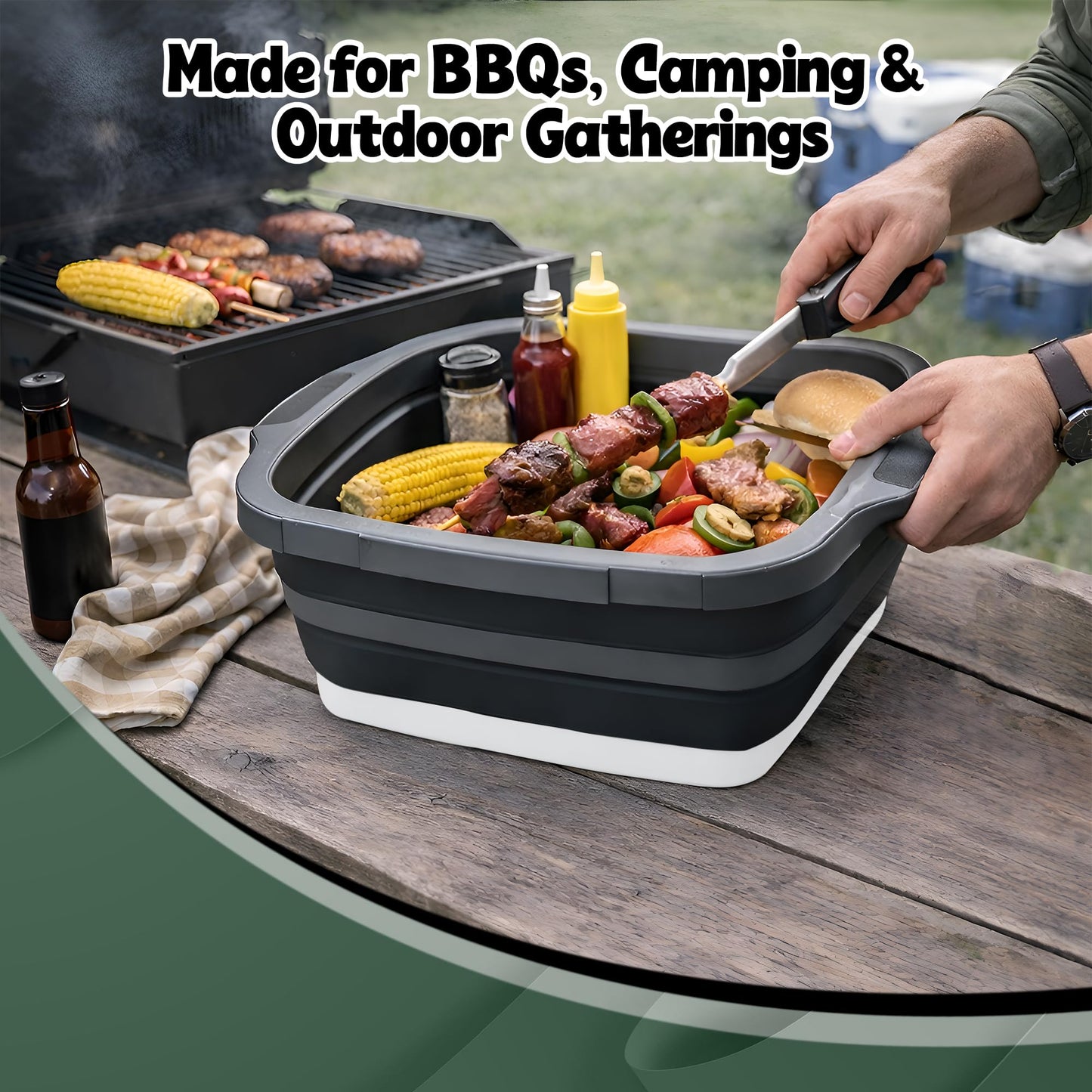BBQ Prep Tub with 2 Pcs Meat Shredder Claws, Collapsible Cutting Board, Cutting Board with Locking Lids, Drip Easy BBQ Prep Tub with lid-XL Size (Black)