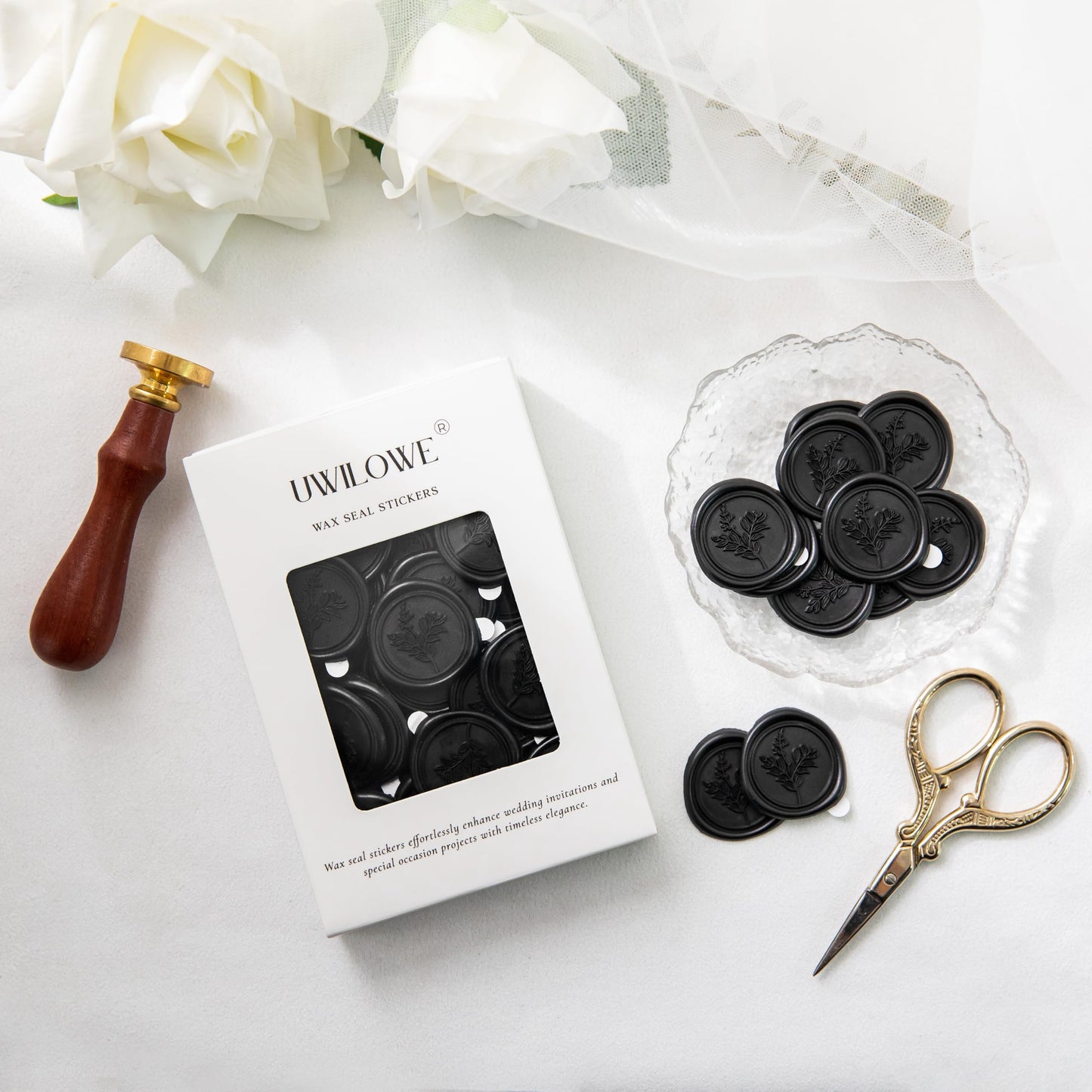 Uwilowe 60 Pcs Black Wax Seal Stickers, Wedding Invitation Accessories Wax Stickers - Peferct for Wedding Accessories Sticker, Gift Box Craft Wrapping, Christmas Cards Envelope Seals
