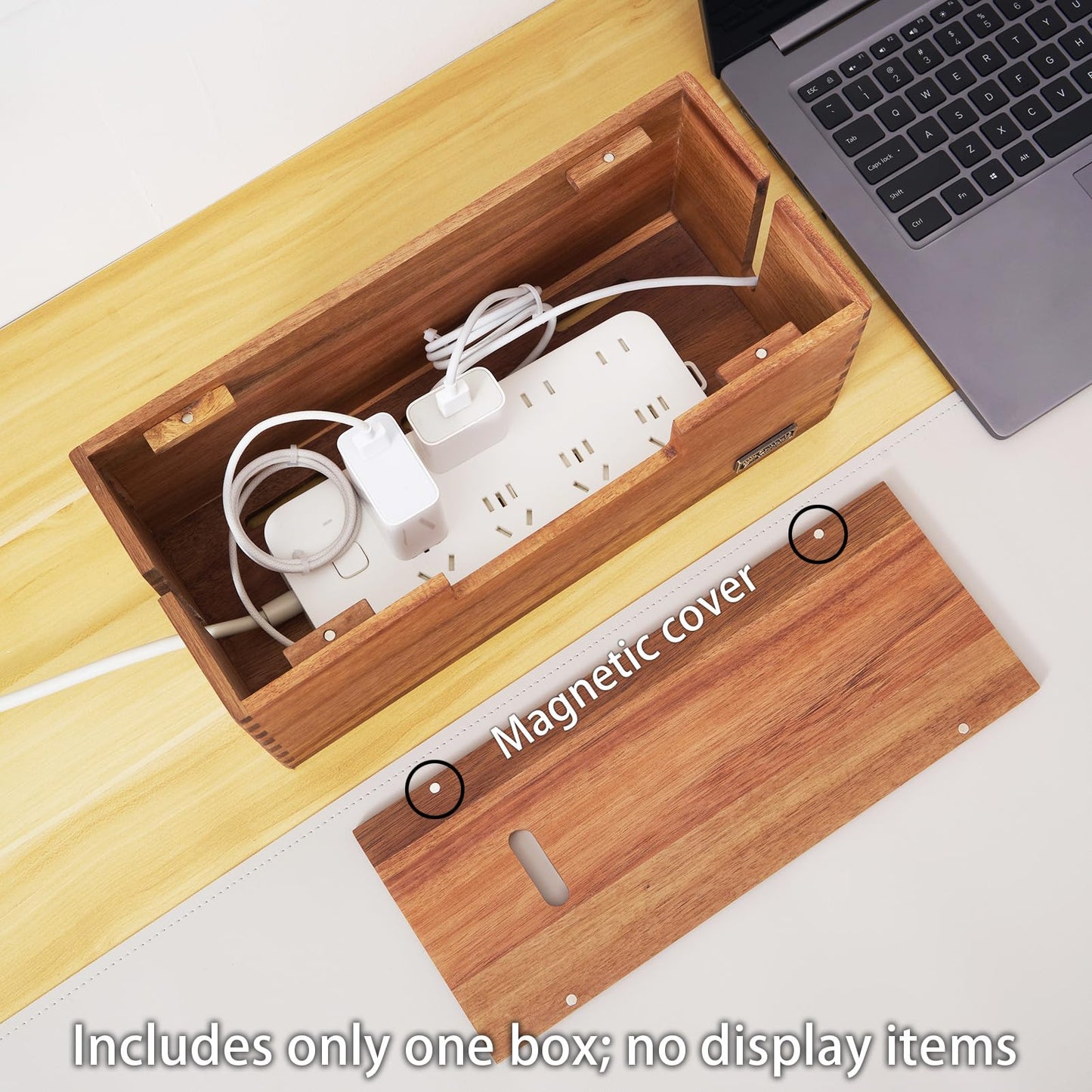 SANOSY Cable Management Box, Acacia Wood Cord Hider Organizer for Power Strips, TV, Desk & Floor Wires, Under Desk Cable Storage Box for Office & Home