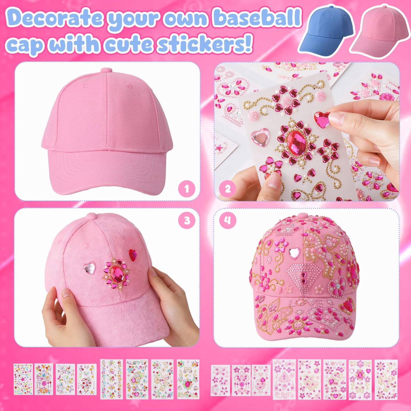 Zhamate DIY Baseball Cap Craft Kit for Girls, Kids Crafts with Stickers, Creative DIY Hat for Ages 6–12, Birthday Easter Gift Activity Set