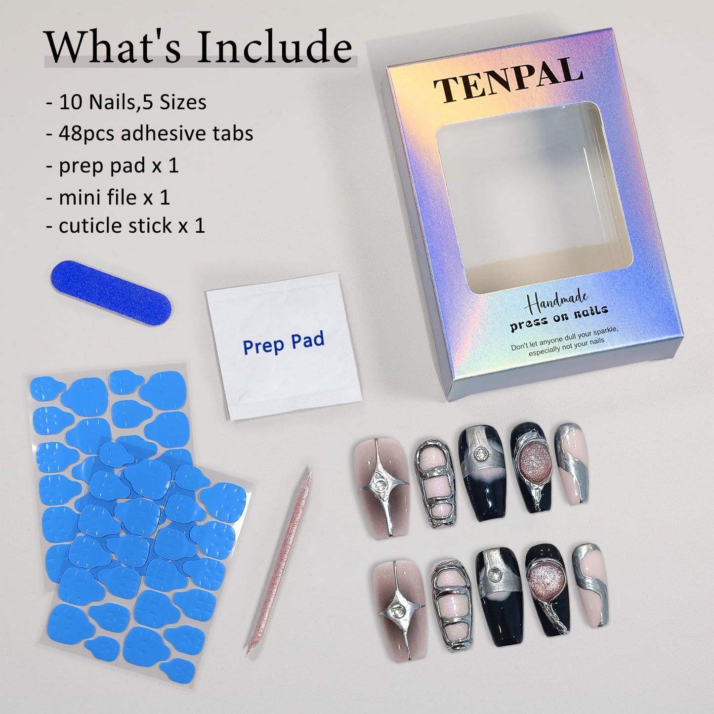 TENPAL Press On Nails Coffin,Sweet Edgy Crystal Cat Eye Nails with Pink/Black Galaxy Design,Hand-Painted Metallic Lines Aurora False Nails, Holographic Y2K Embossed Fake Nails 10pcs with Tools(XS)