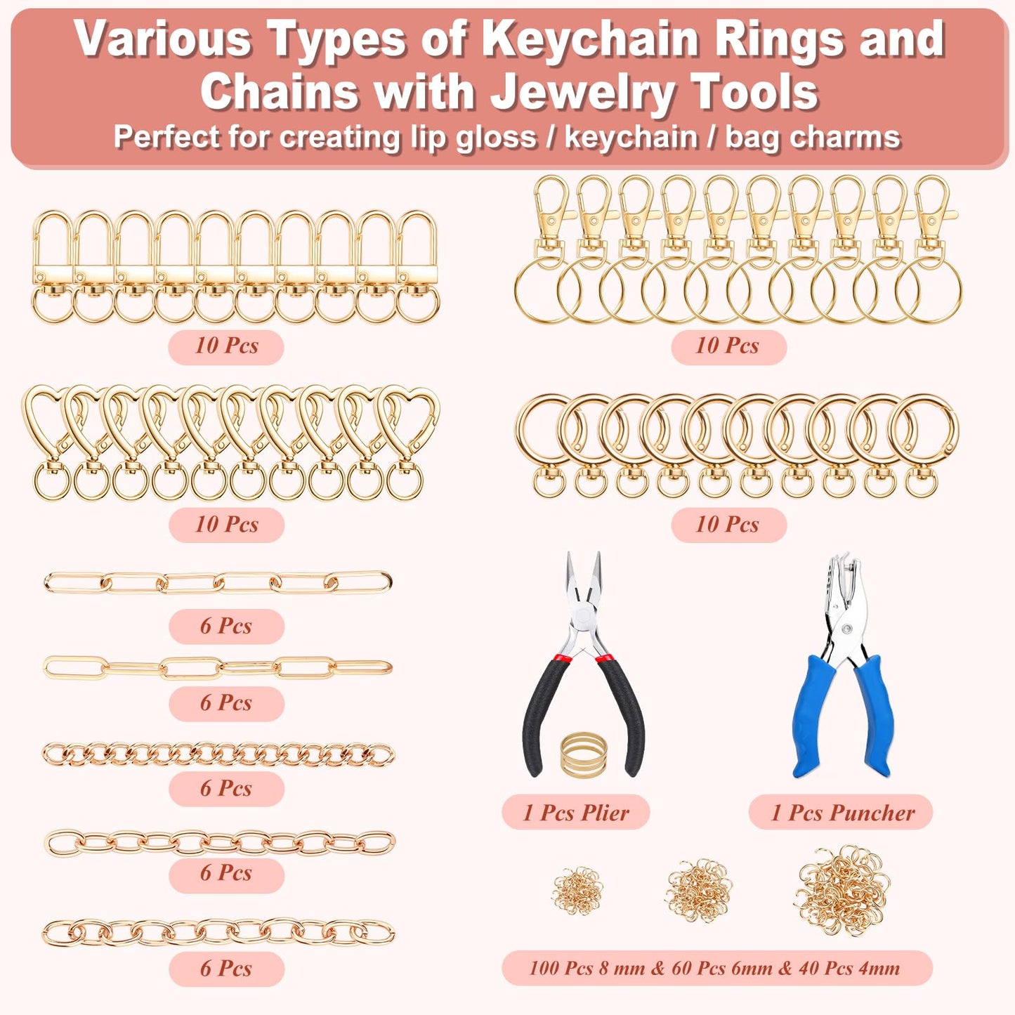 485 Pcs Charms Lip Gloss Keychain Making Kit, DIY Bag Charm Kit Including 40 Key Chain Hooks 30 Extender Chains 212 Gold Charms & Letter 200 Jump Rings 1 Plier and 1 Puncher for Craft Supplies