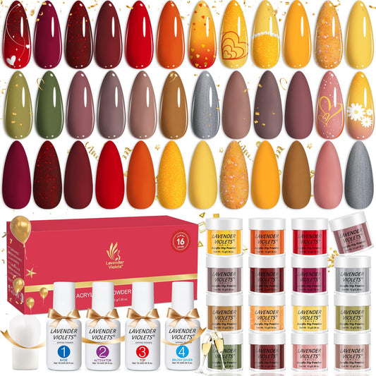 Lavender Violets 22pcs Halloween Dip Powder Nail Kit 16 Colors Red Brown Gold Green with Dip Powder Liquid Perfect Gift for Women Nail Art DIY M967