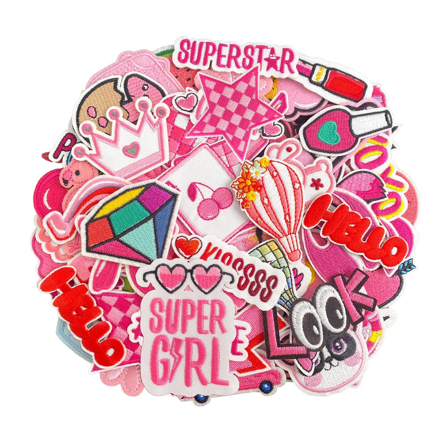 60Pcs Random Pink Iron on Patches for Girls, Assorted Cute Iron on/Sew on Appliques for Clothes, Dresses, Hats, Socks, Jeans, DIY Accessories