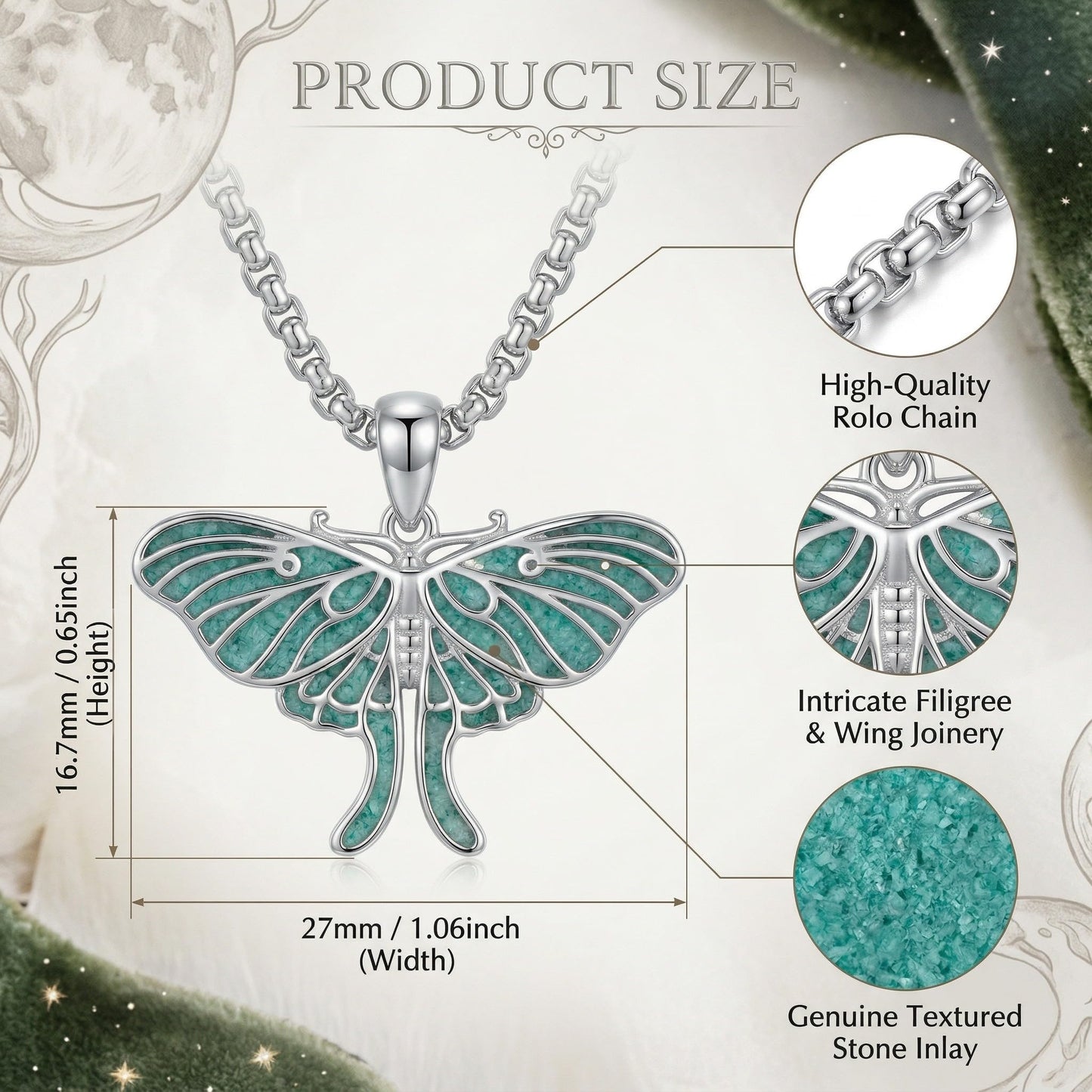 HKPATOP Turquoise Moth Necklace 925 Sterling Silver Moth Pendant Nature Insect Jewelry Gift for Women