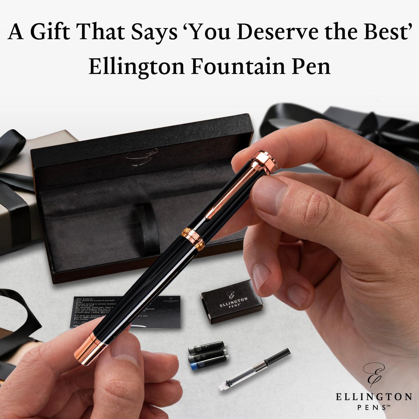Ellington Pens Luxury Fountain Pen Set - Smooth Medium Nib- Includes 3 Ink Cartridges, Refillable Ink Converter, Gift Box- Fountain Pens For Writing, Calligraphy, Journaling, Sketching (Midnight Rose)