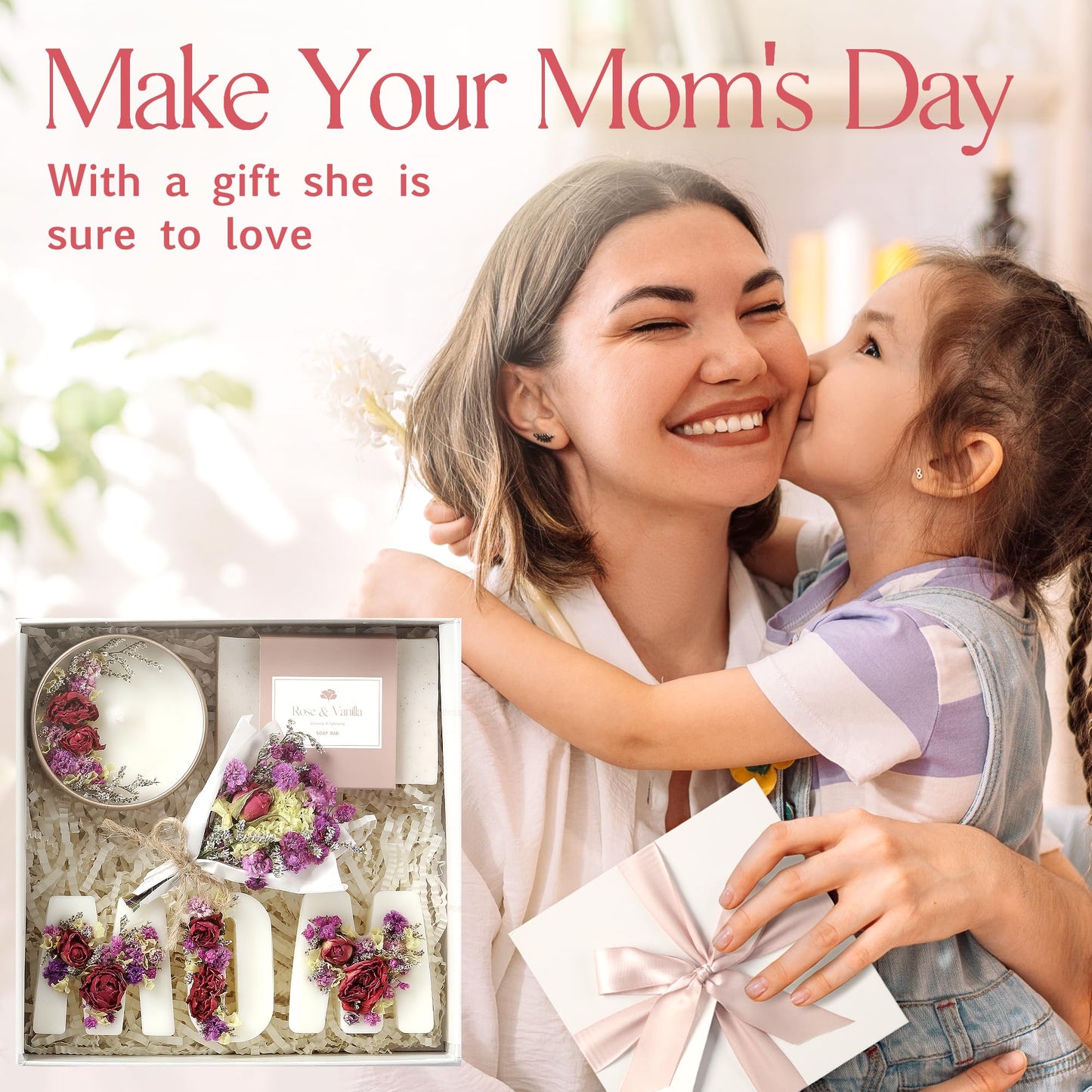 Mother’s Day & Birthday Basket for Mom – Luxury Gift Box with Candle, Ready to Gift Floral Keepsake, Thoughtful Mom Present from Daughter or Son