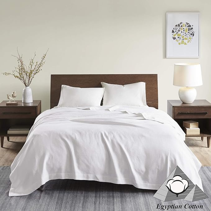 Madison Park Egyptian Cotton Luxury Blanket White 108x90 King Size Knit Premium Soft Cozy 100% Cerified Egyptian Cotton For Bed, Couch or Sofa