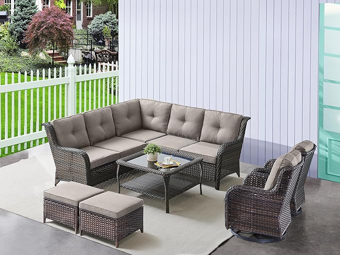 HUMMUH 8 Piece Patio Furniture PE Wikcer Outdoor Furniture Set with Sectional Sofa Swivel Patio Chairs Ottomans and Glass Coffee Table for Yard,Garden,Lawn