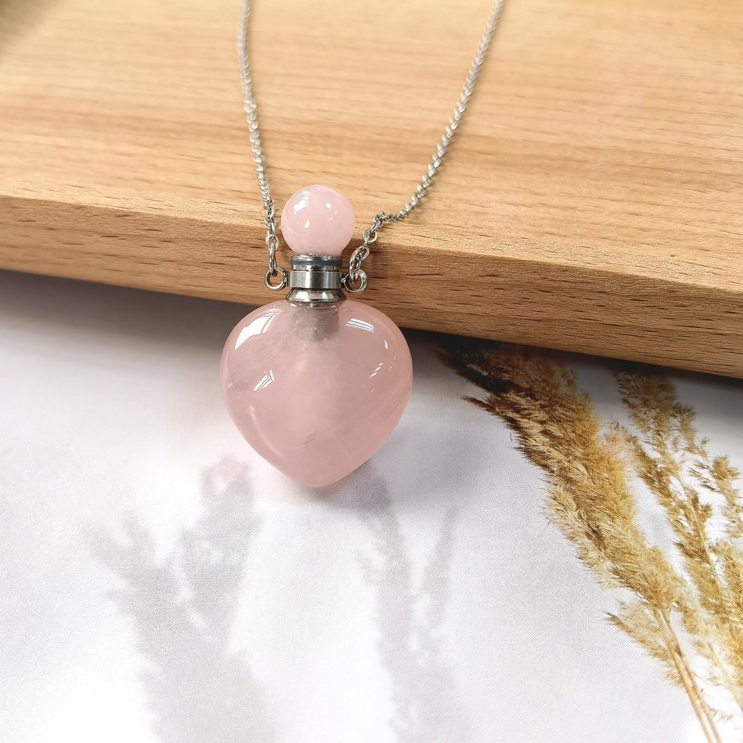Ladywowu Rose Quartz Necklace, Heart Shape Perfume Bottle Necklace for essential oil, Silver Tone Vial Necklace for Aromatherapy Liquid