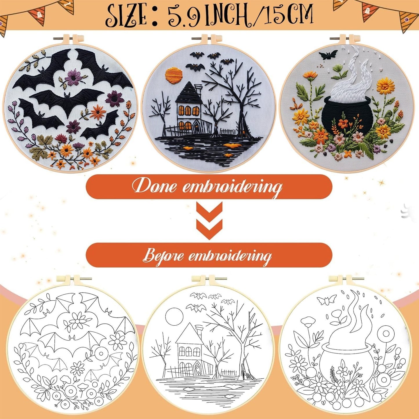 【Beginner Friendly Embroidery】 3 Set Halloween Embroidery Kit, Gothic Embroidery Starter Kit, DIY Stamped Cross Stitch Kits for Adults with Needles and Thread Included
